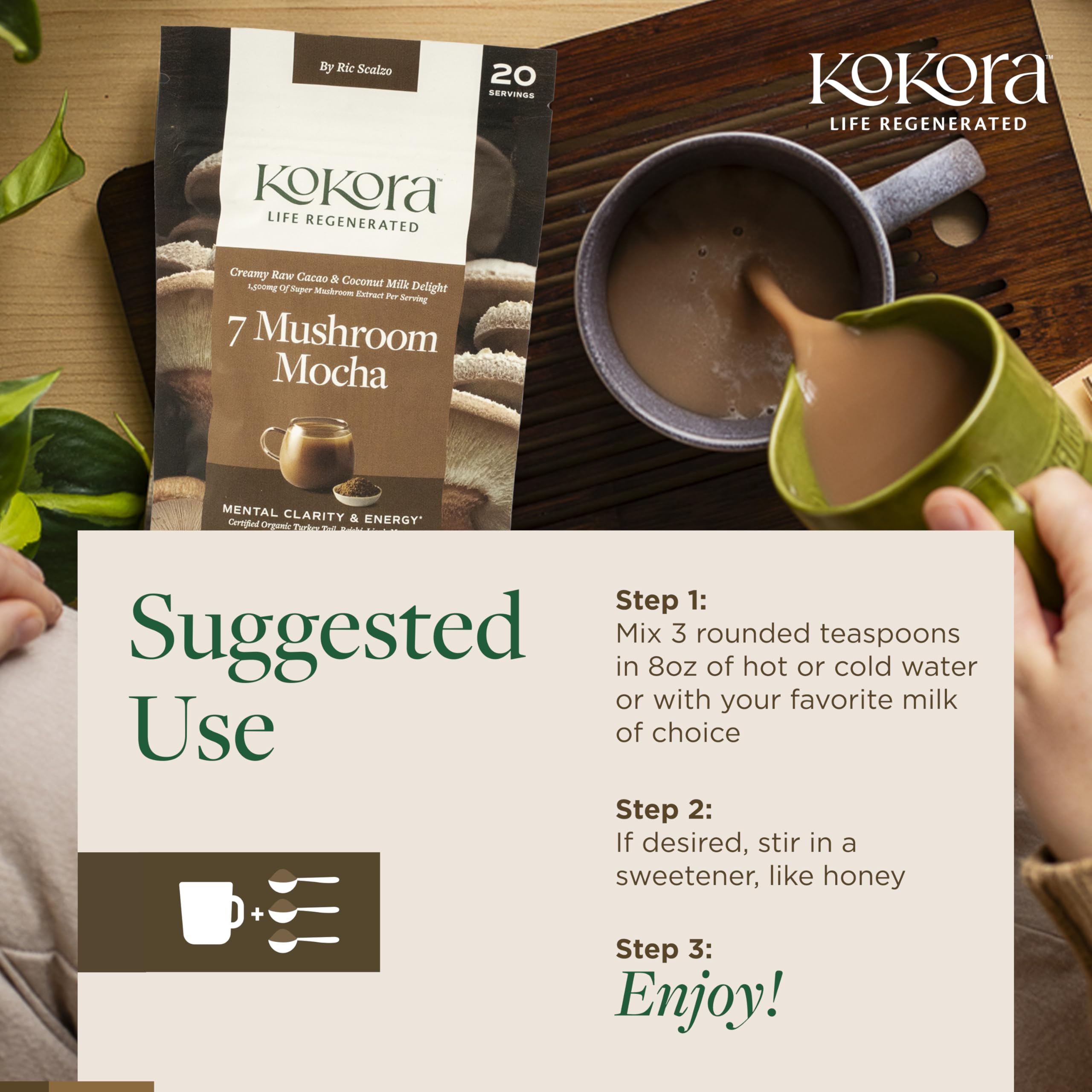 Kokora 7 Mushroom Mocha Organic Adaptogenic Powder: Lion's Mane & Turkey Tail
