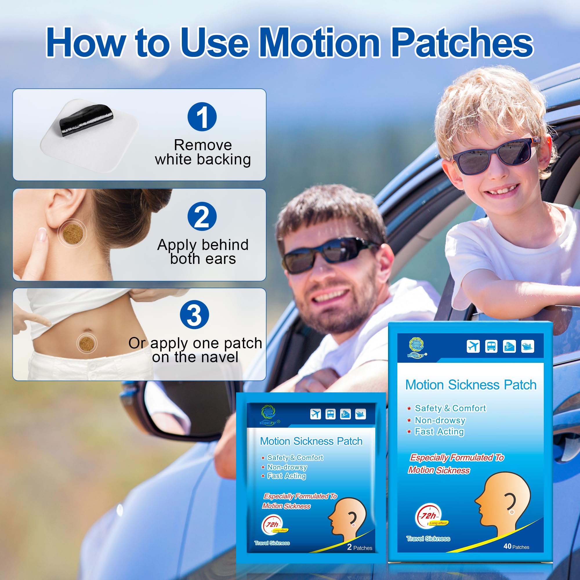 KONGDY Motion Sickness Patches - 40 Count, Non-Drowsy Relief for Cruise, Car, Air Travel