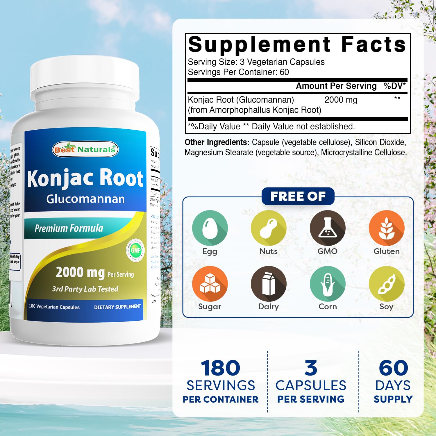 Best Naturals Konjac Glucomannan 2000 mg - 2 Pack, 180 Vegetarian Capsules
