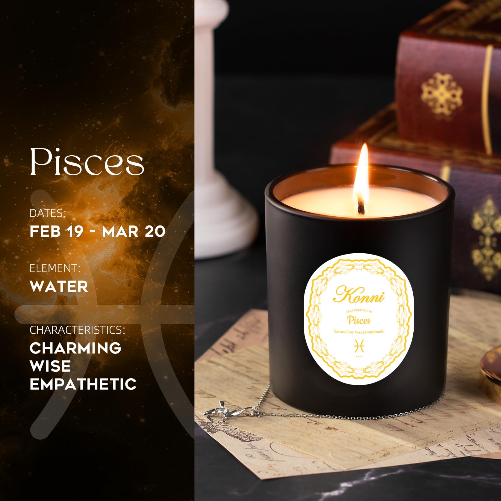 KONNI Pisces Zodiac Candle – 7 oz Soy Wax, Pine & Cypress Gift