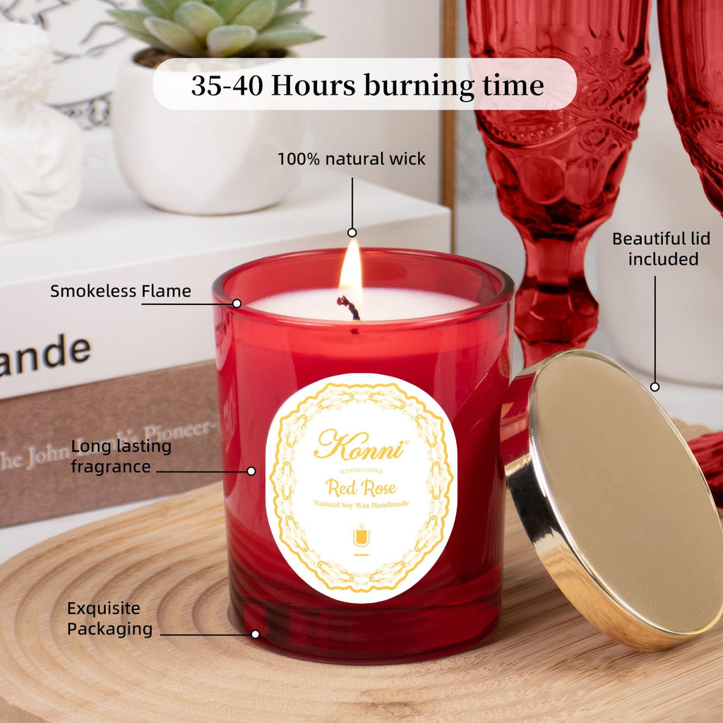 KONNI Scented Candles - Red Rose Soy Candle, 7 oz Jar, 40h Burn Time