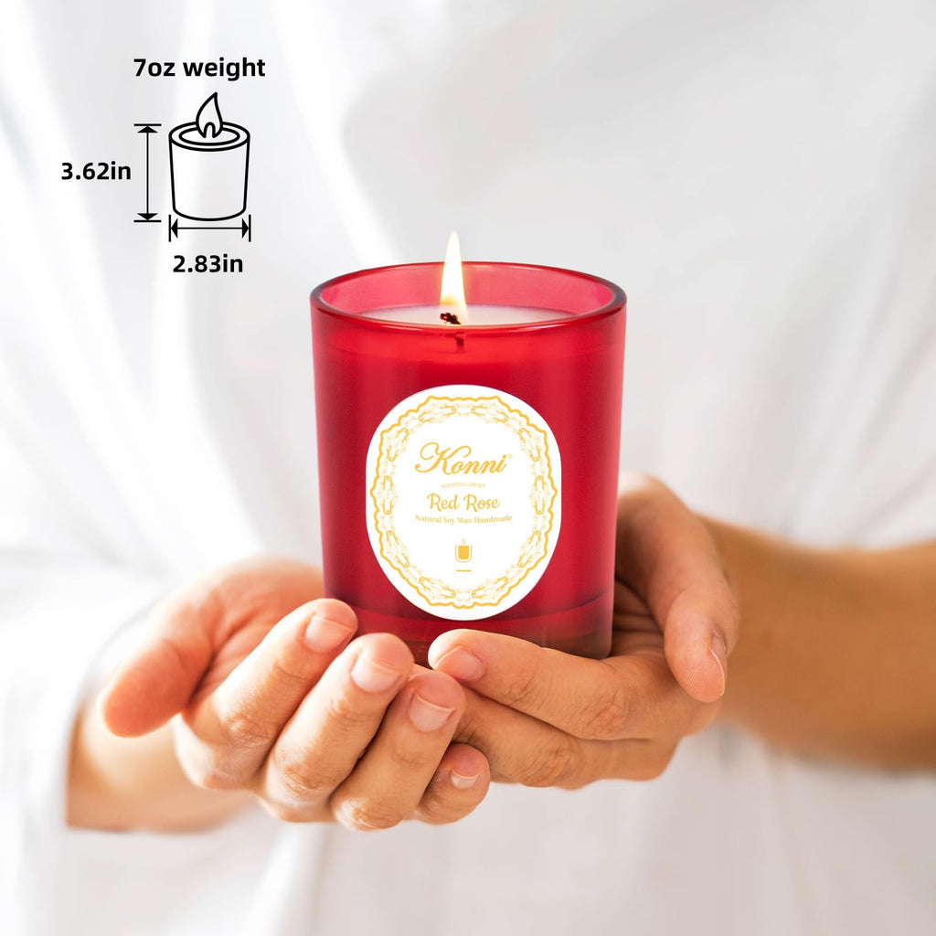 KONNI Scented Candles - Red Rose Soy Candle, 7 oz Jar, 40h Burn Time