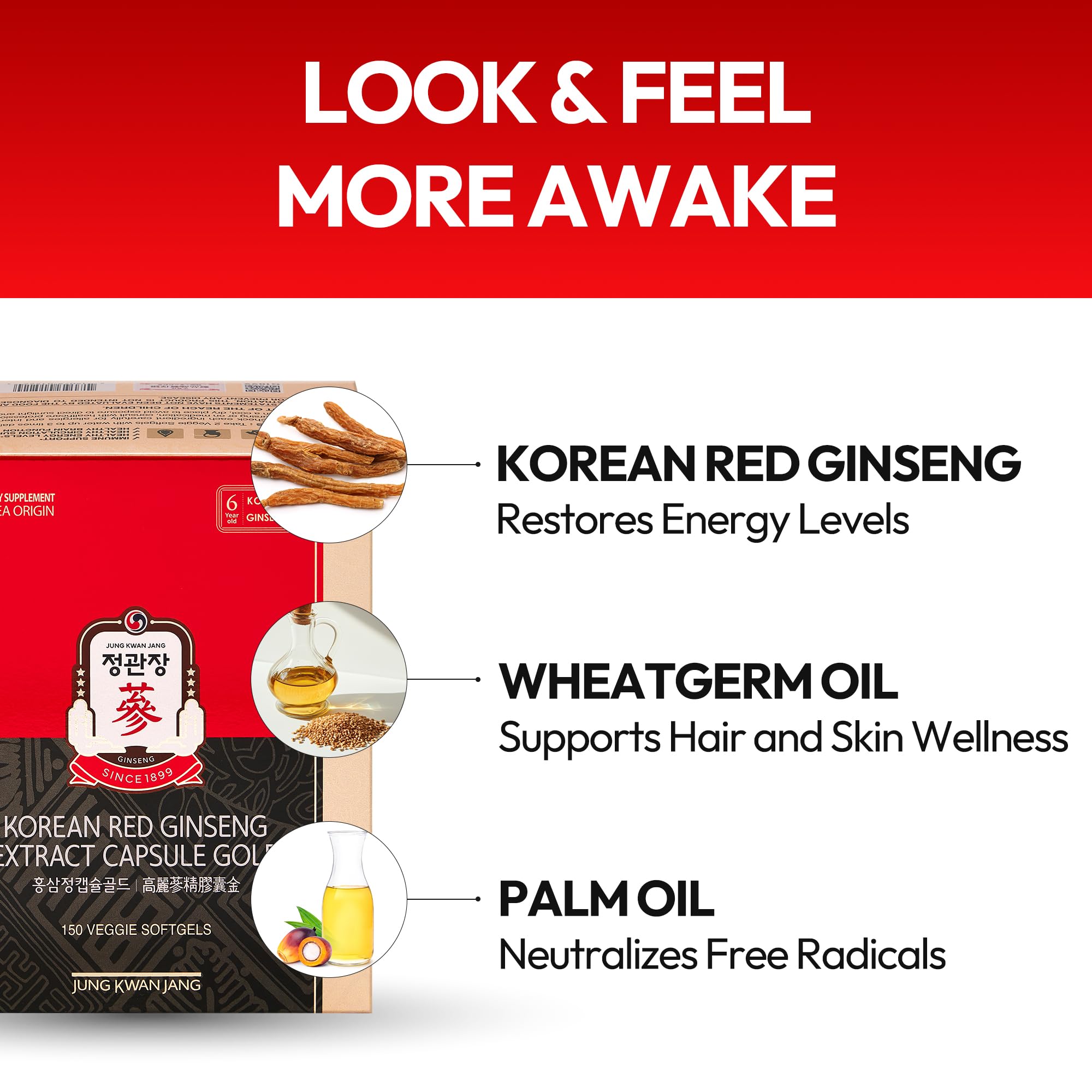 Jung Kwan Jang Korean Red Ginseng Extract Capsule Gold — Vegan Energy & Immune Support, Caffeine Free (600mg, 150 Capsules)