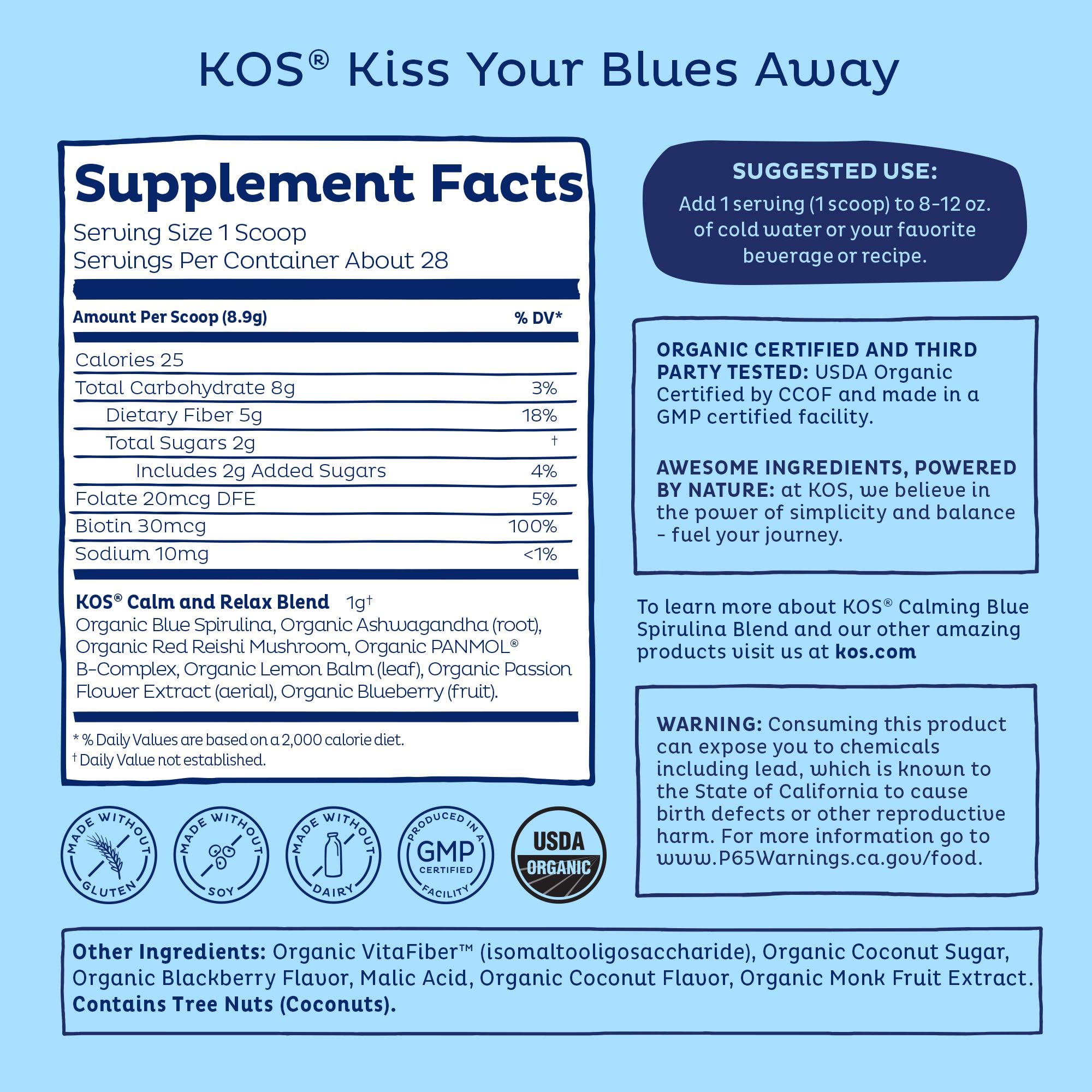 KOS Calming Blue Spirulina Blend - USDA Organic Algae Superfood Powder with Ashwagandha, Lemon Balm, Reishi - Berry Coconut Cooler, 28 Servings
