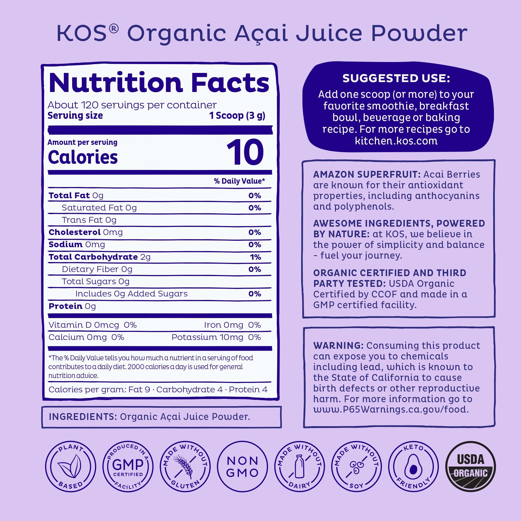 KOS Organic Acai Juice Powder – USDA Organic, Plant Based Superfood Antioxidants, 120 Servings