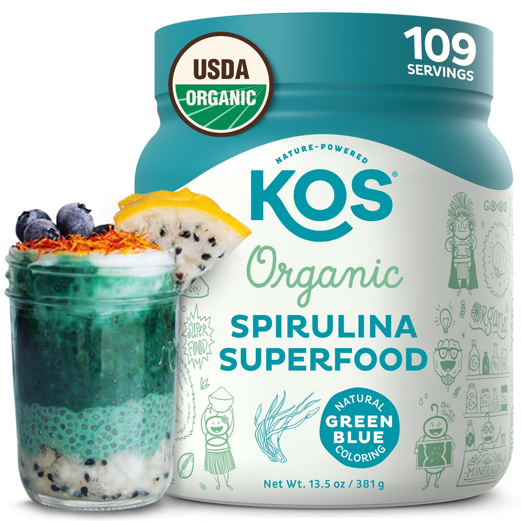KOS Organic Spirulina Powder - USDA Organic, Non-Irradiated, 109 Servings, Vegan