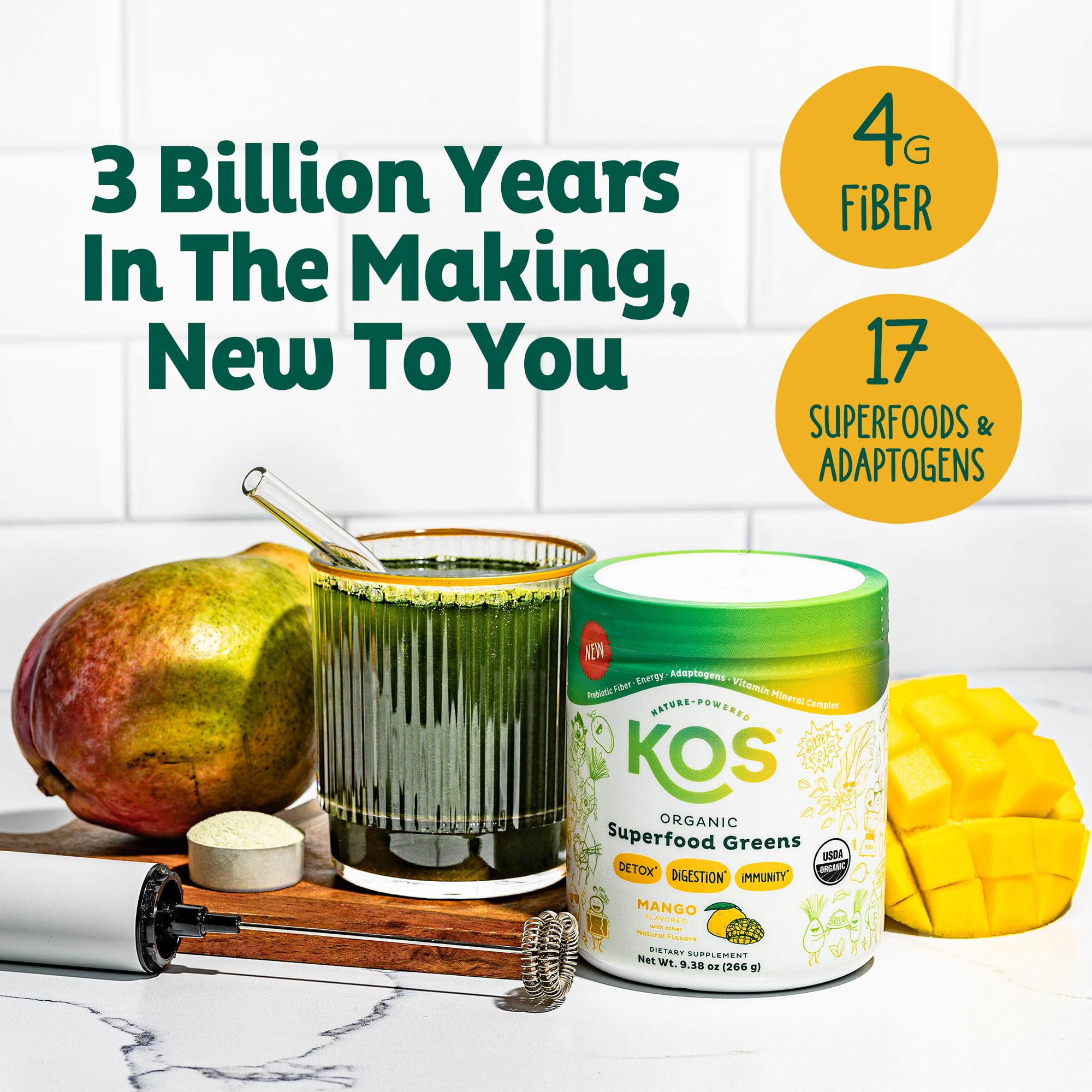 KOS Organic Superfood Greens Powder Mango – 28 Servings, Gut Health & Prebiotic Fiber