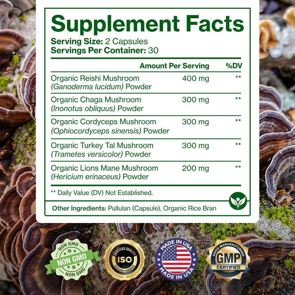 Pure Micronutrients Organic Mushroom Supplement - Immune Support, Nootropic Brain Memory, Focus & Energy - Lions Mane, Reishi, Chaga, Cordyceps & Turkey Tail - 60 Vegan, USA Grown