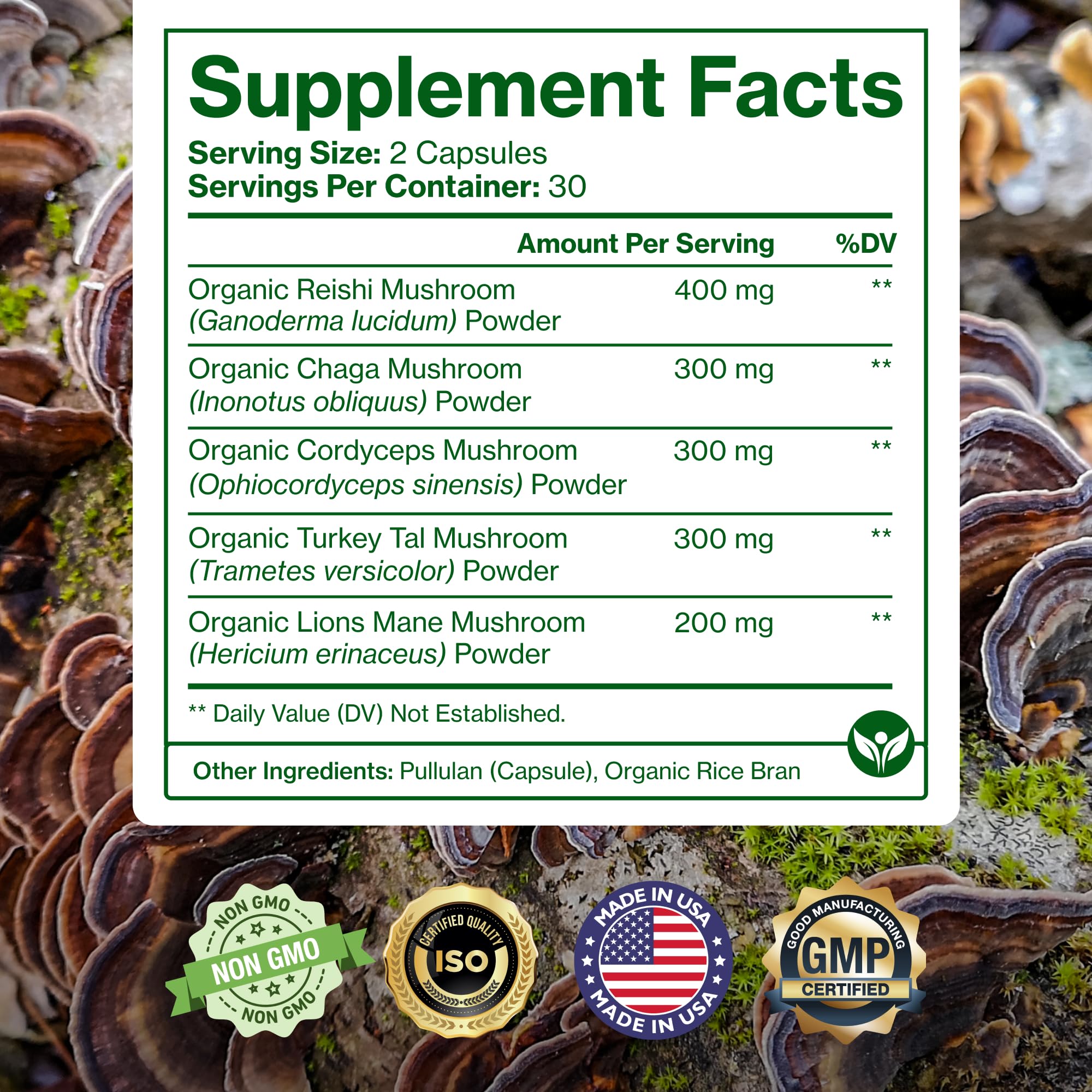 Pure Micronutrients Organic Mushroom Supplement - Immune Support, Nootropic Brain Memory, Focus & Energy - Lions Mane, Reishi, Chaga, Cordyceps & Turkey Tail - 60 Vegan, USA Grown