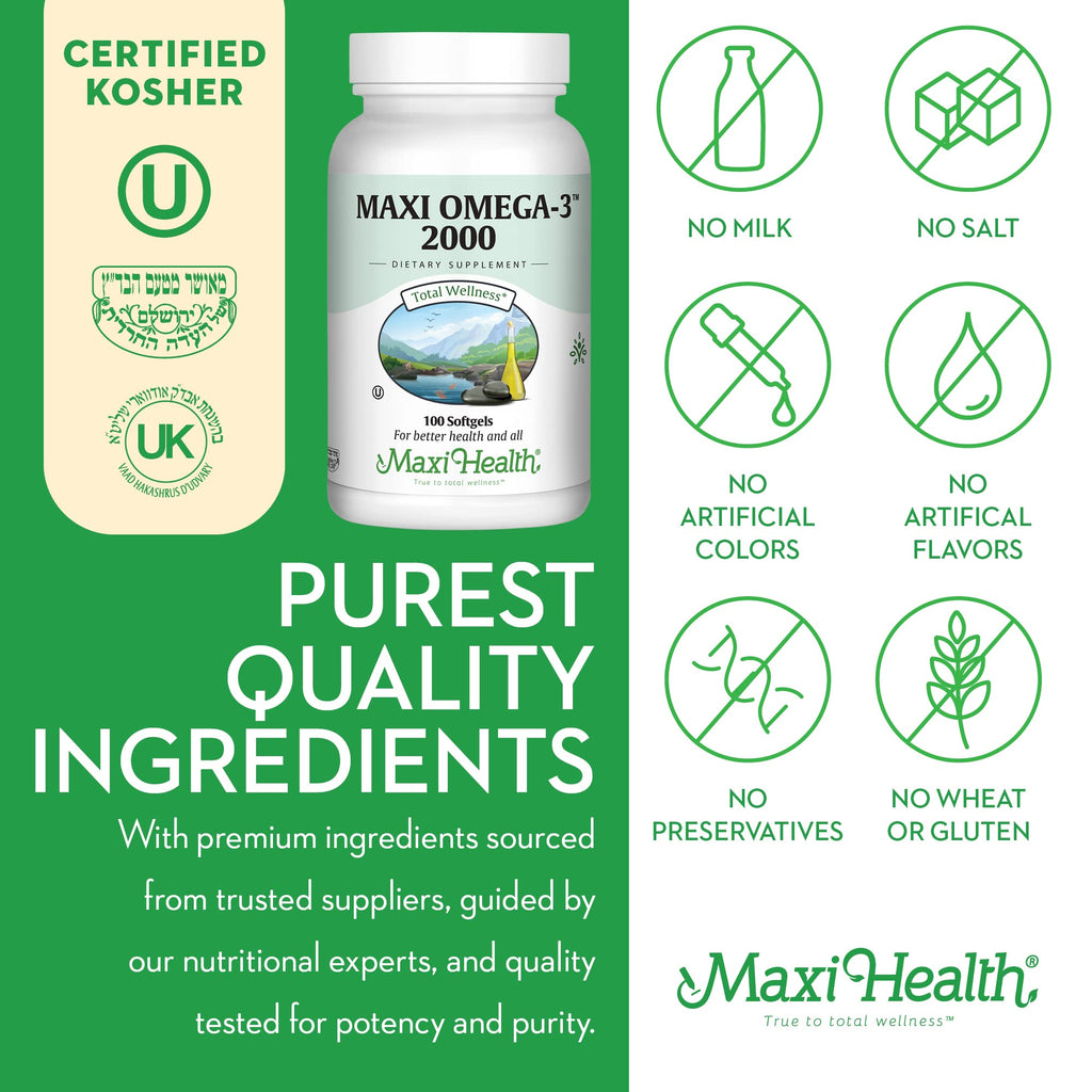 Maxi Health Omega 3 2000mg - Triple Strength Fish Oil with No Fishy Aftertaste | Kosher, 100 Softgels