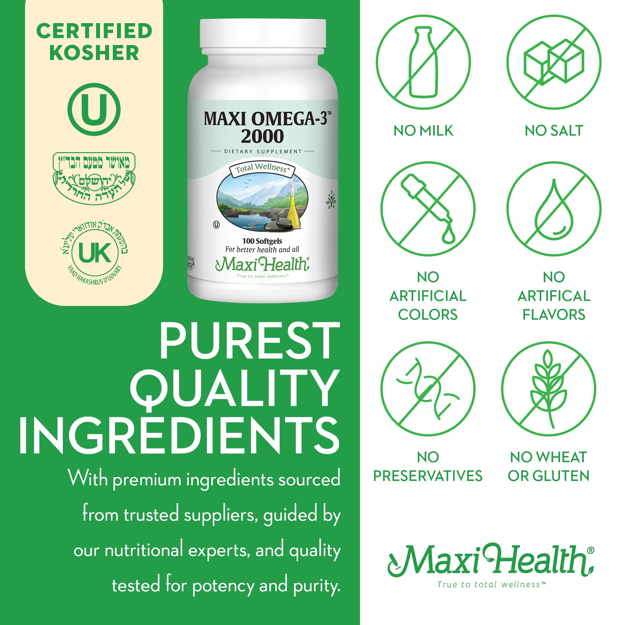 Maxi Health Omega 3 2000mg - Triple Strength Fish Oil with No Fishy Aftertaste | Kosher, 100 Softgels