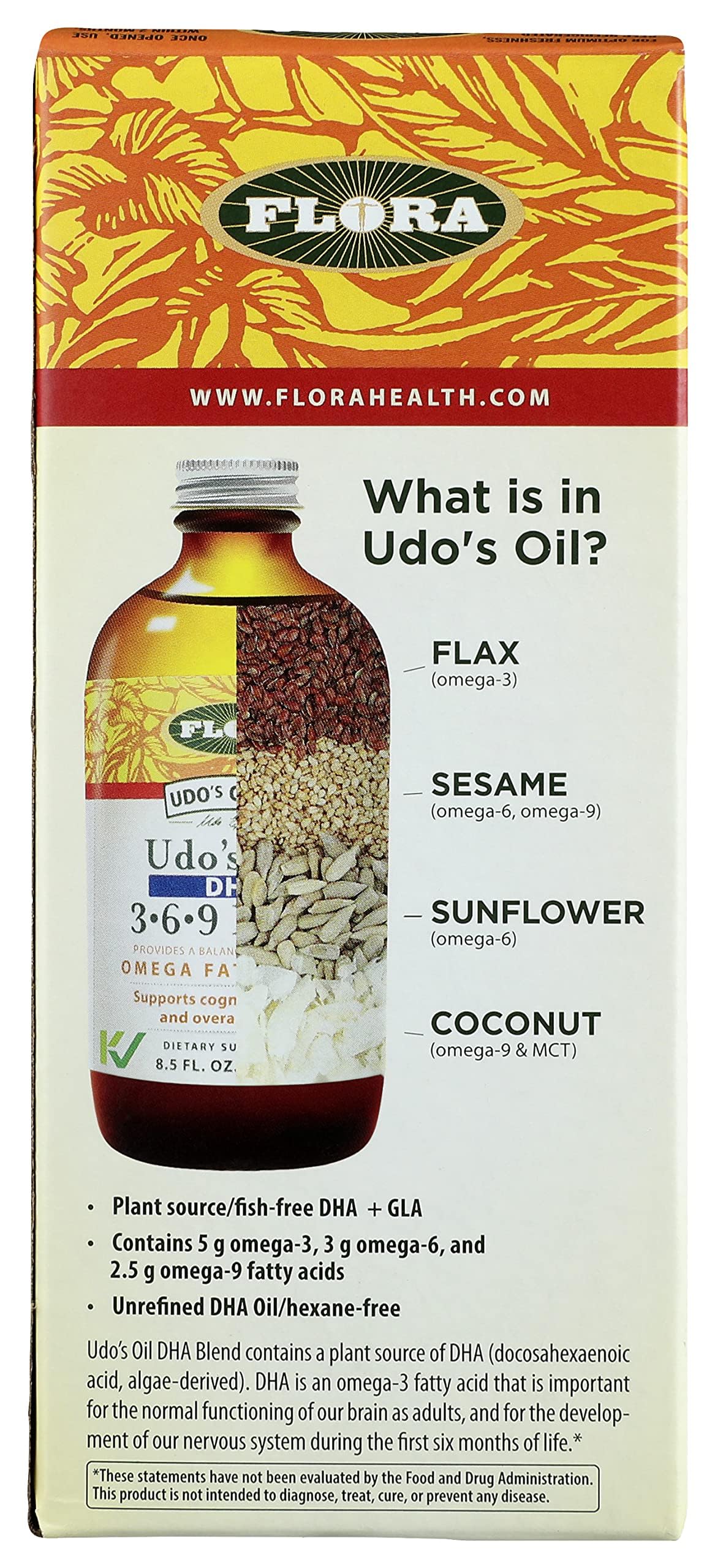 Flora Udo's Oil DHA 3-6-9 Blend - Vegan Omega-3-6-9 for Brain & Eye Health - 17 fl oz