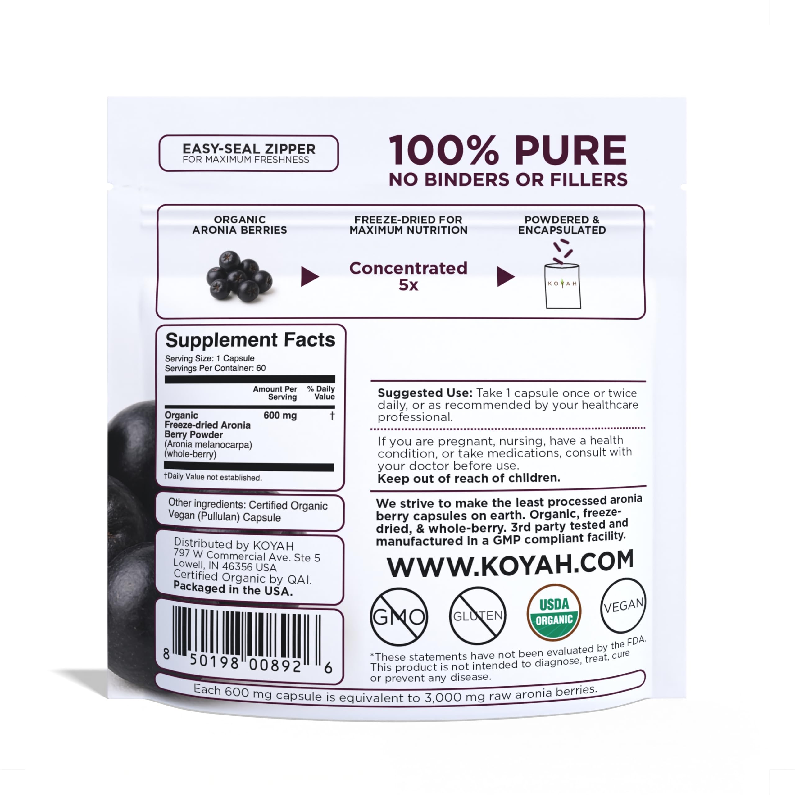 KOYAH Organic Aronia Berry Capsules | Freeze-Dried Whole-Berry 600 mg | Vegan, Gluten-Free, Non-GMO | 60 Caps