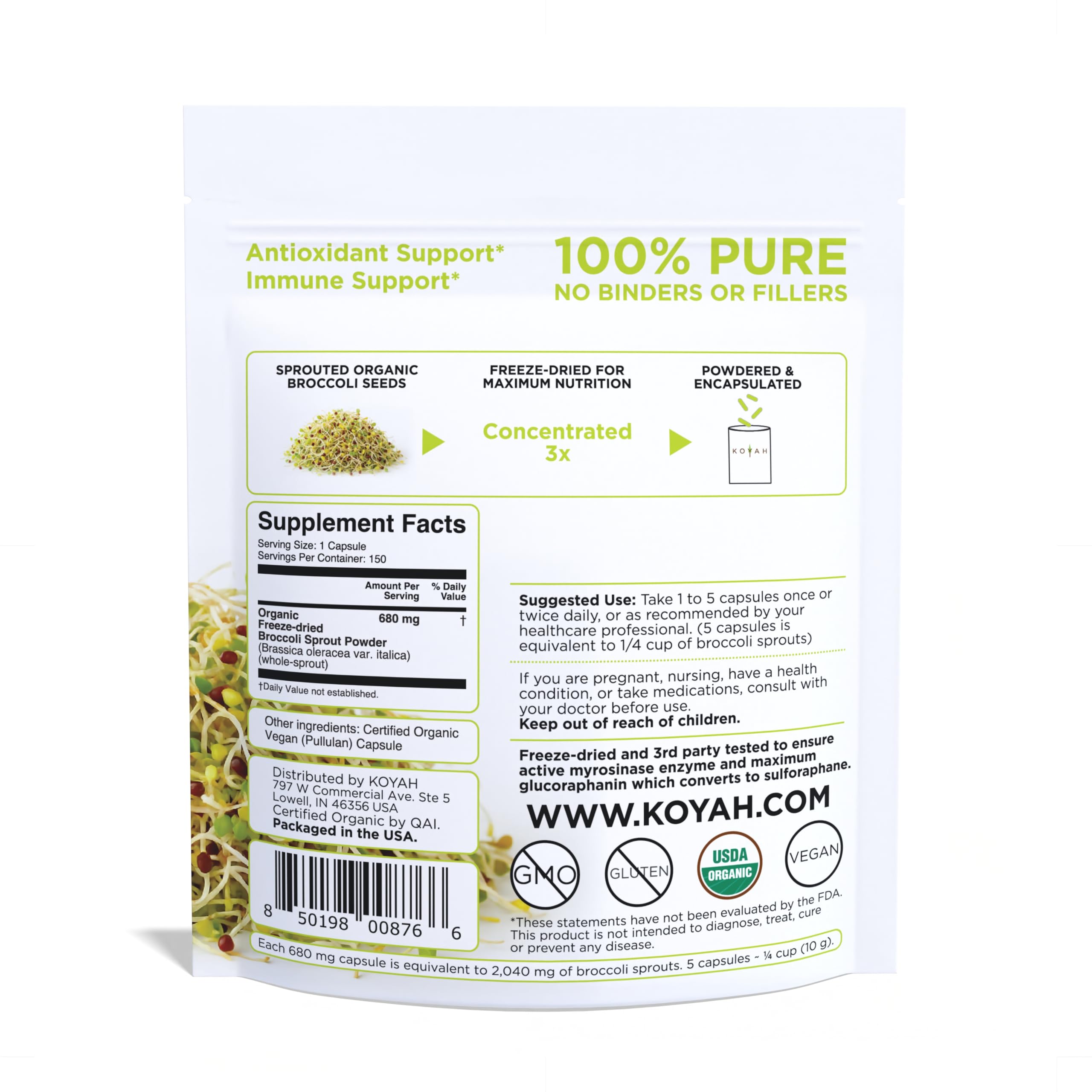 KOYAH Organic Broccoli Sprout Capsules – Freeze-Dried Whole Sprouts, Active Myrosinase & Glucoraphanin, USA Grown, 150 Capsules