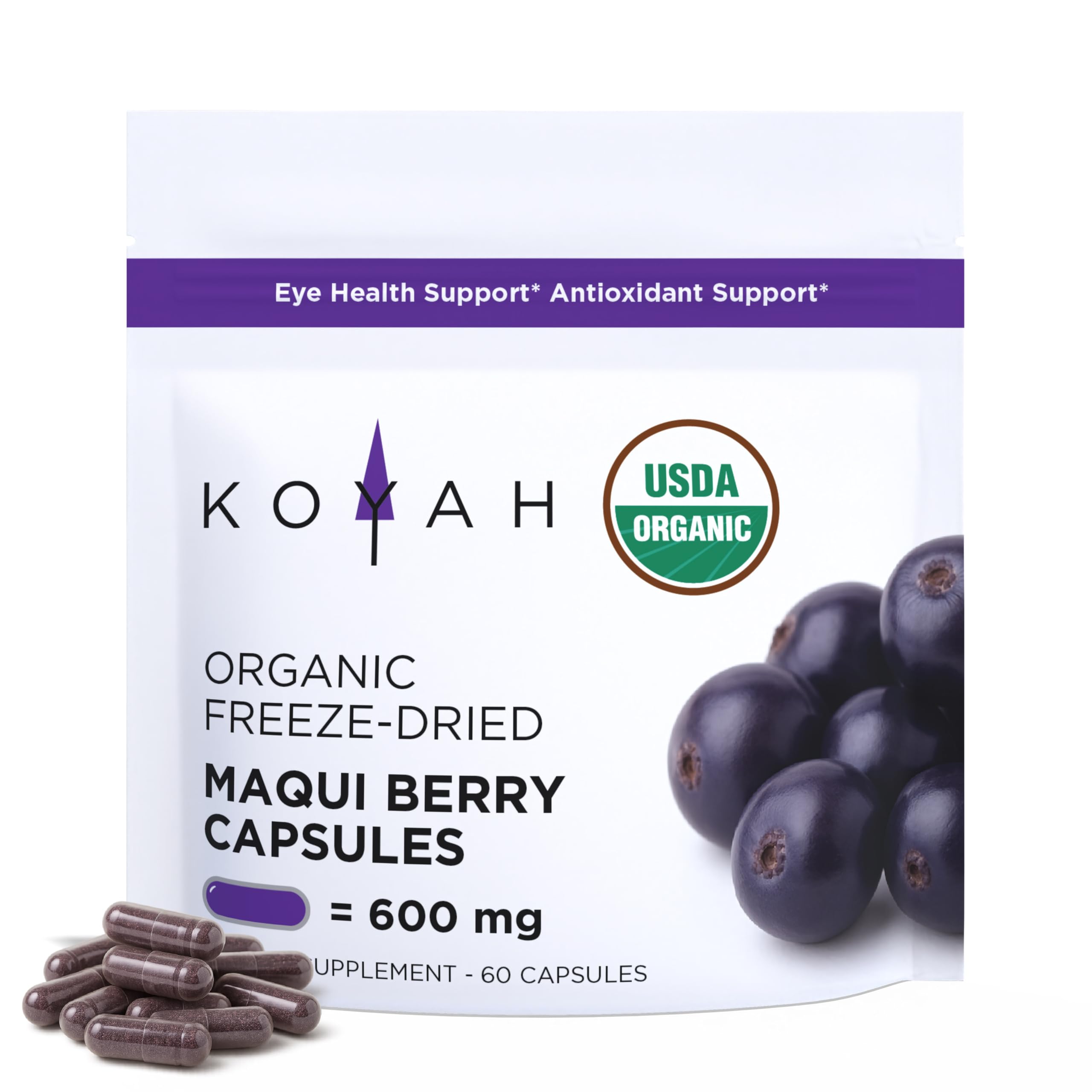 KOYAH Organic Maqui Berry Capsules – Freeze-Dried, 600 mg, 60 Capsules | Vegan, Gluten-Free, Non-GMO