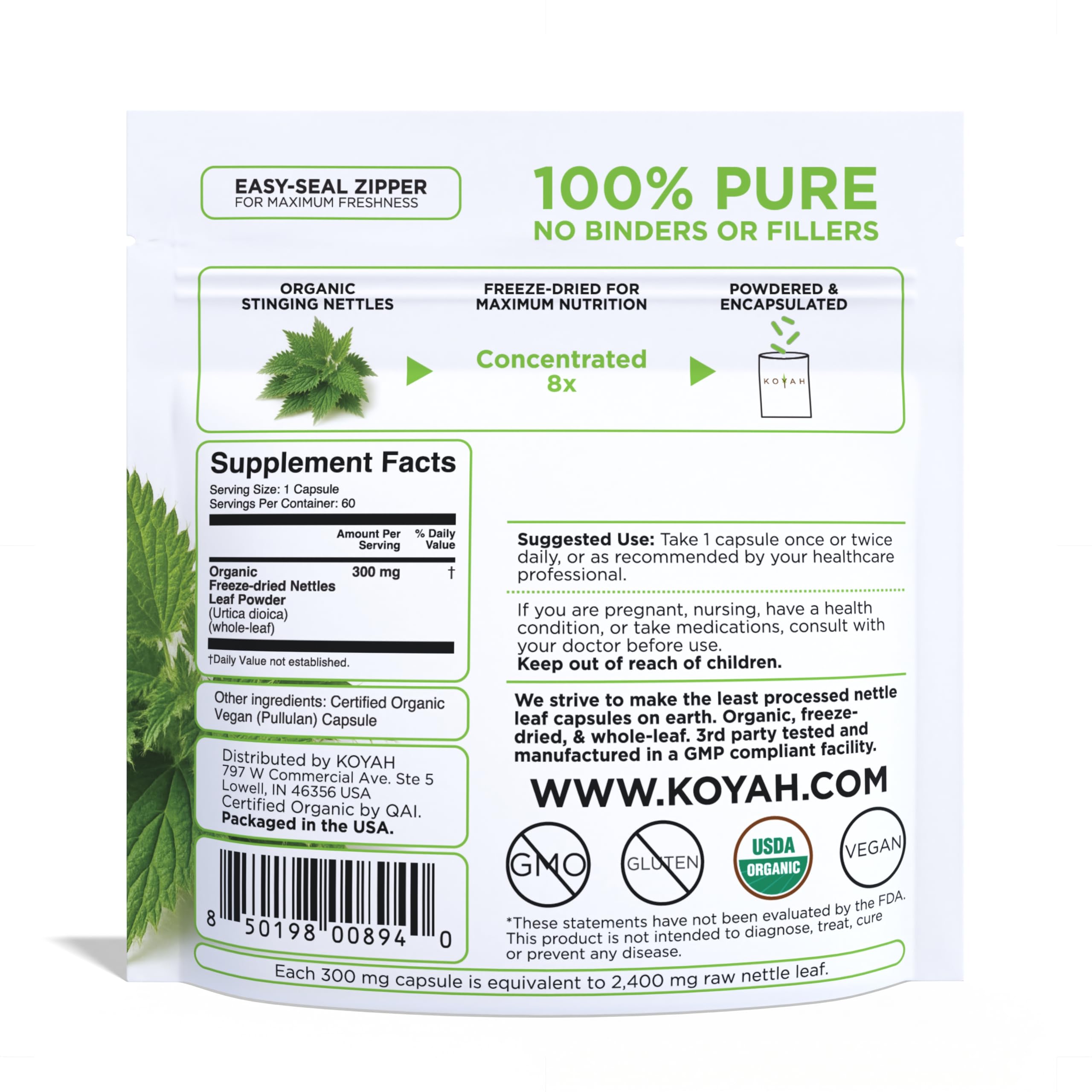 KOYAH Organic Stinging Nettle Leaf Capsules – Freeze-Dried 300 mg (2,400 mg Fresh) – Immune & Respiratory Support – 60 Capsules