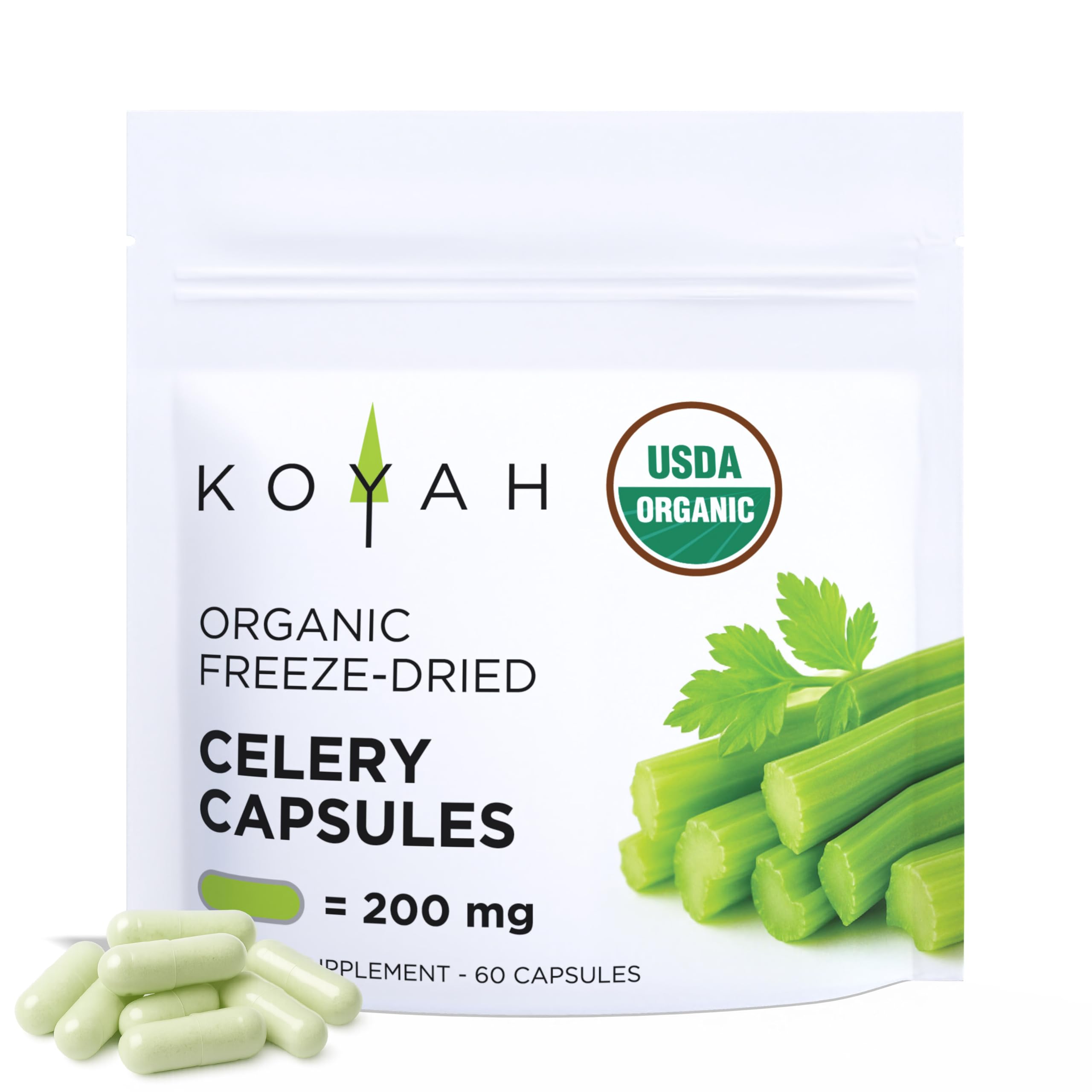 KOYAH Organic Celery Capsules – 200 mg Freeze-Dried Whole-Stalk Powder | 60 Vegan Capsules | USDA Organic