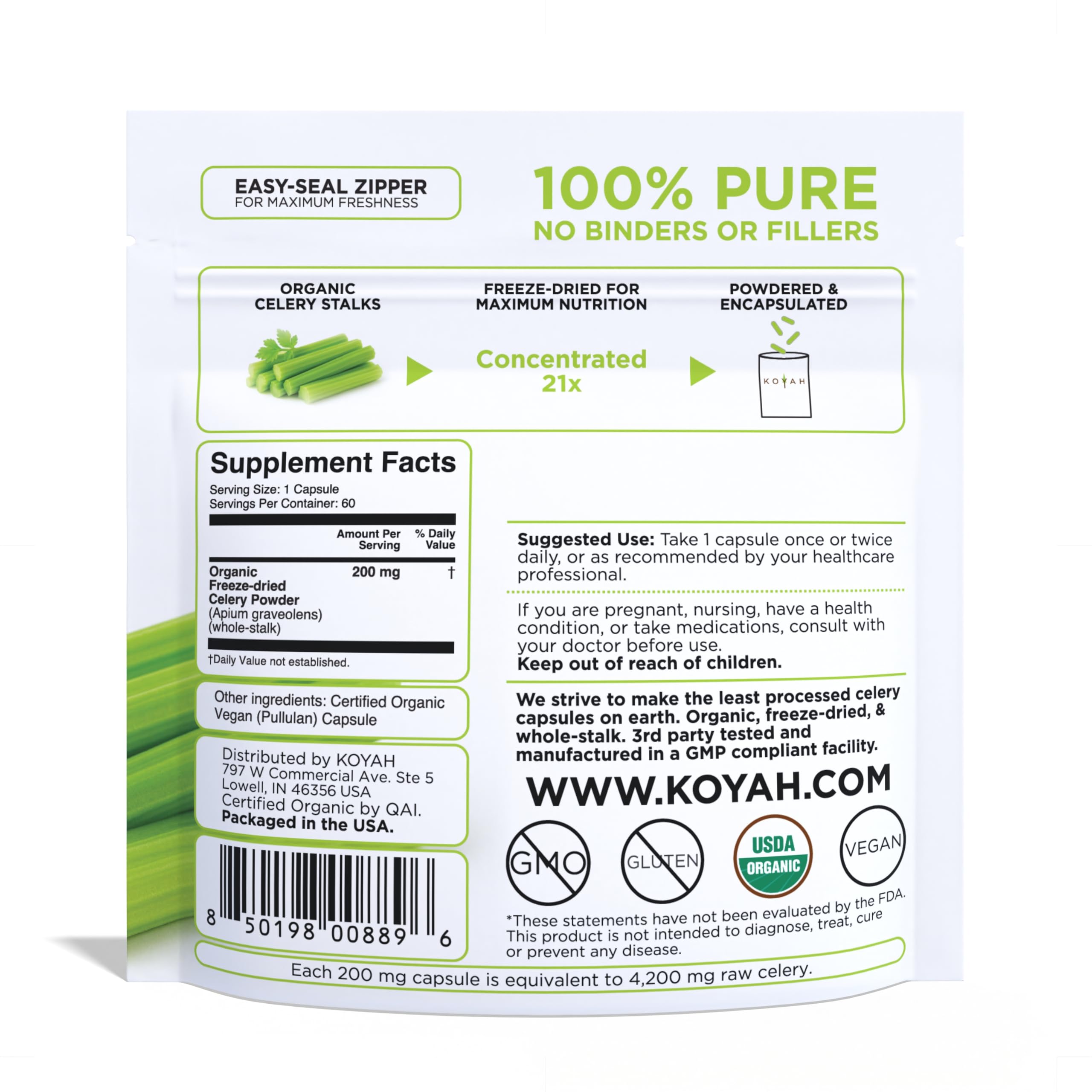KOYAH Organic Celery Capsules – 200 mg Freeze-Dried Whole-Stalk Powder | 60 Vegan Capsules | USDA Organic