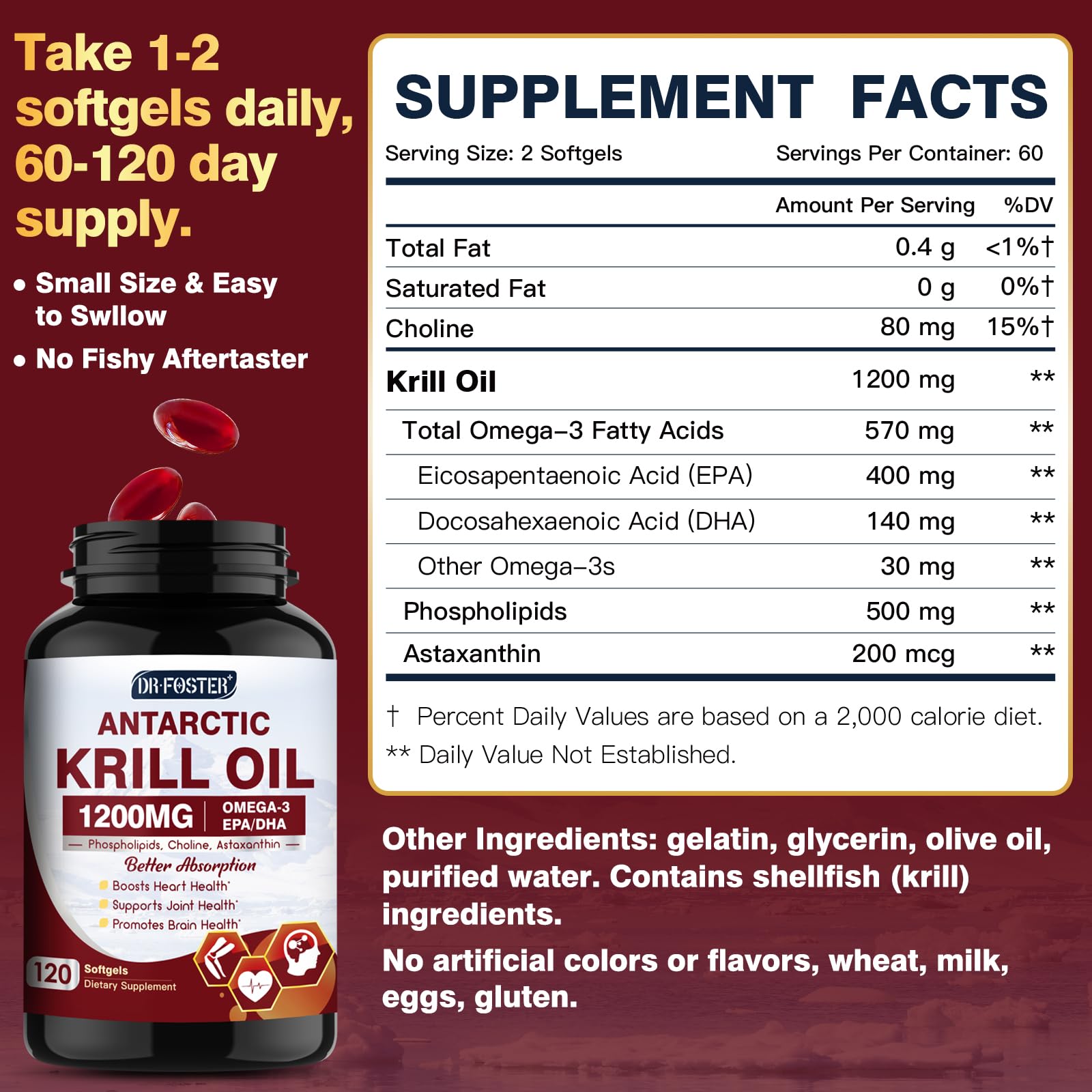 Krill Oil 1200mg – Antarctic Krill Oil Omega-3 with EPA/DHA, Astaxanthin, Phospholipids | 120 Softgels