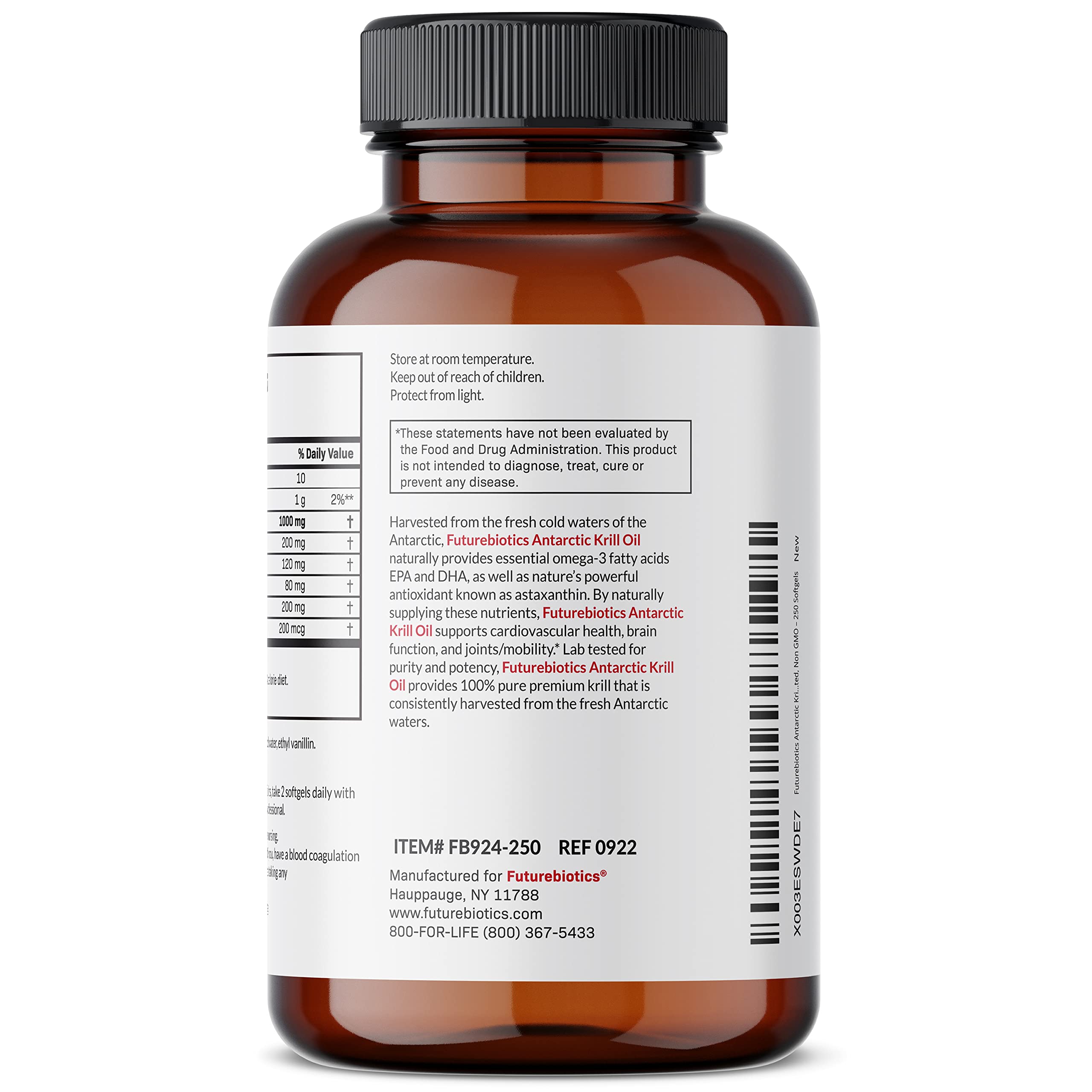 Futurebiotics Antarctic Krill Oil 1000mg – Omega-3 EPA/DHA, Astaxanthin, 250 Softgels