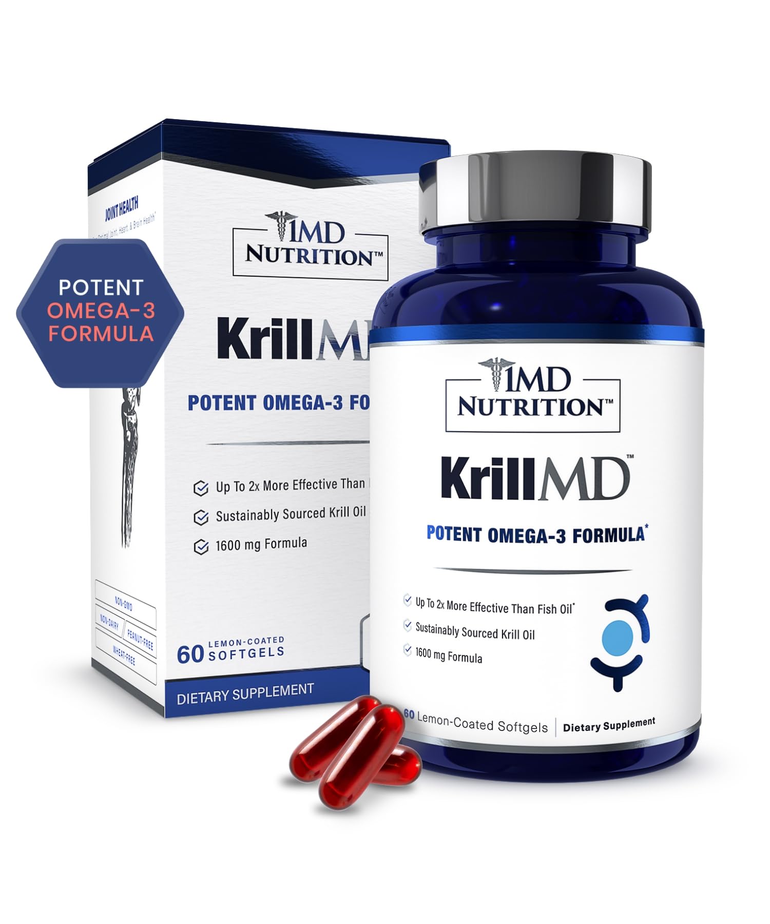 1MD KrillMD Antarctic Krill Oil Omega-3 with Astaxanthin | 60 Softgels | 2x More Effective Than Fish Oil