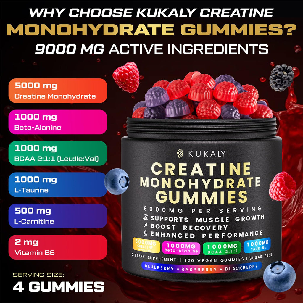 Kukaly Creatine Monohydrate Gummies – 9000mg, Sugar Free, 120ct, Mixed Flavors
