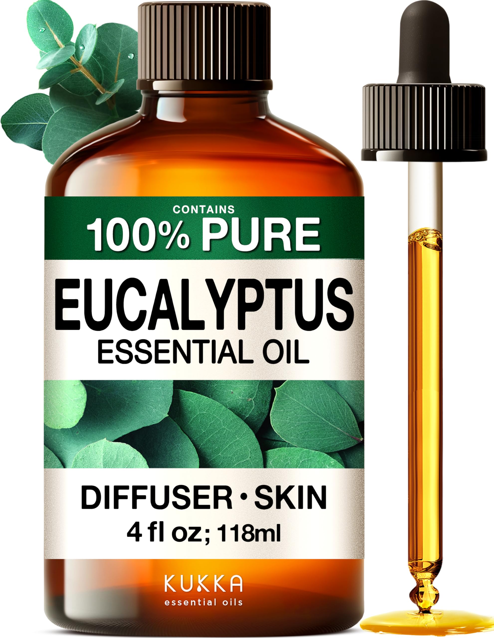 KUKKA Eucalyptus Essential Oil 4 oz | Diffuser, Hair & Skin Care, Aromatherapy & DIY Soap