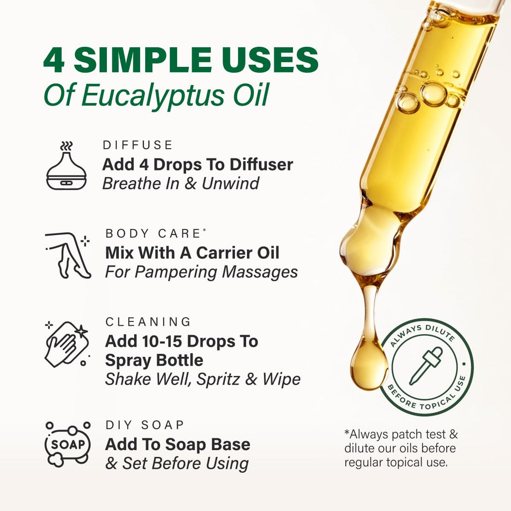 KUKKA Eucalyptus Essential Oil 4 oz | Diffuser, Hair & Skin Care, Aromatherapy & DIY Soap