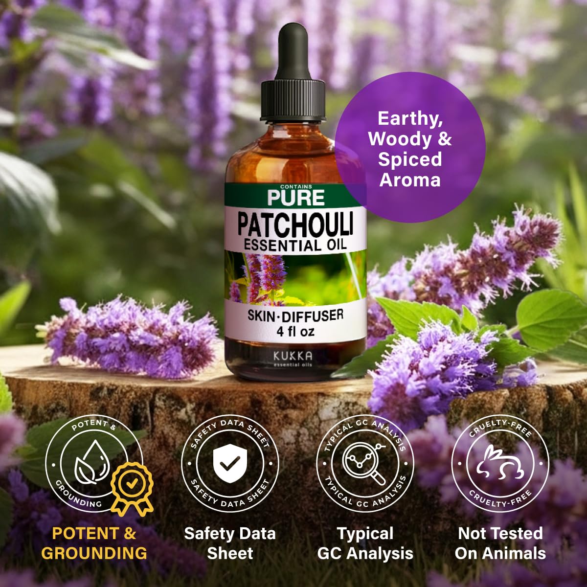 KUKKA Patchouli Essential Oil - 4 Oz | Diffuser, Aromatherapy, Skin & Hair Care, DIY Soap Making