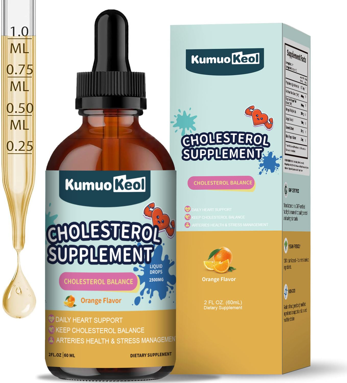 KumuoKeol Cholesterol Support Liquid Drops with Red Yeast Rice, Bergamot & Plant Sterols — Heart Health Formula, 2 fl oz
