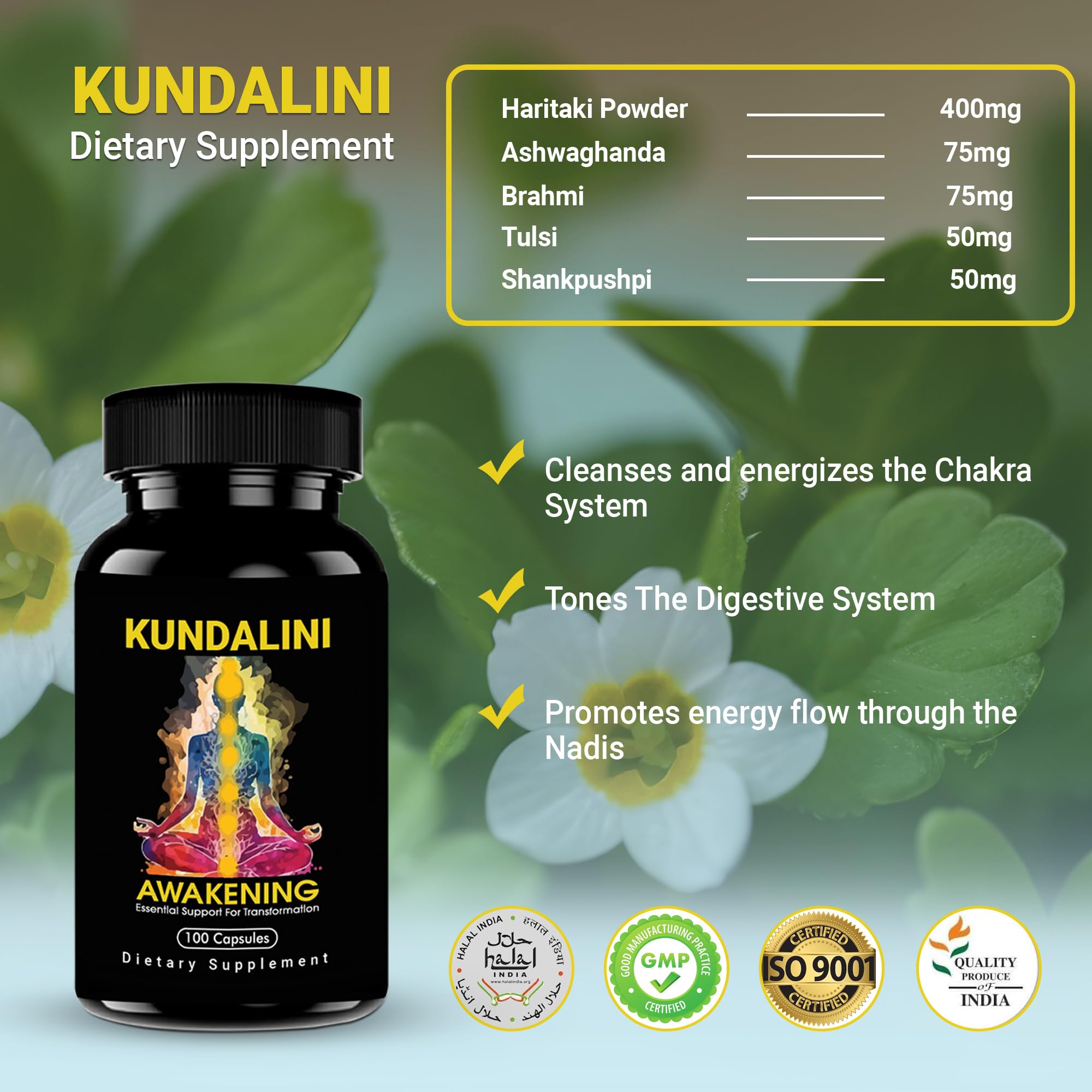 Kundalini Awakening Herbal Supplement – Ayurvedic Blend with Ashwagandha, Bacopa, Tulsi and Haritaki