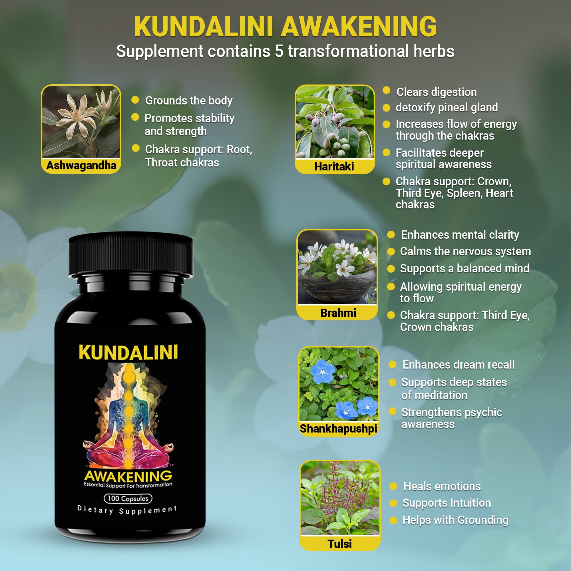Kundalini Awakening Herbal Supplement – Ayurvedic Blend with Ashwagandha, Bacopa, Tulsi and Haritaki