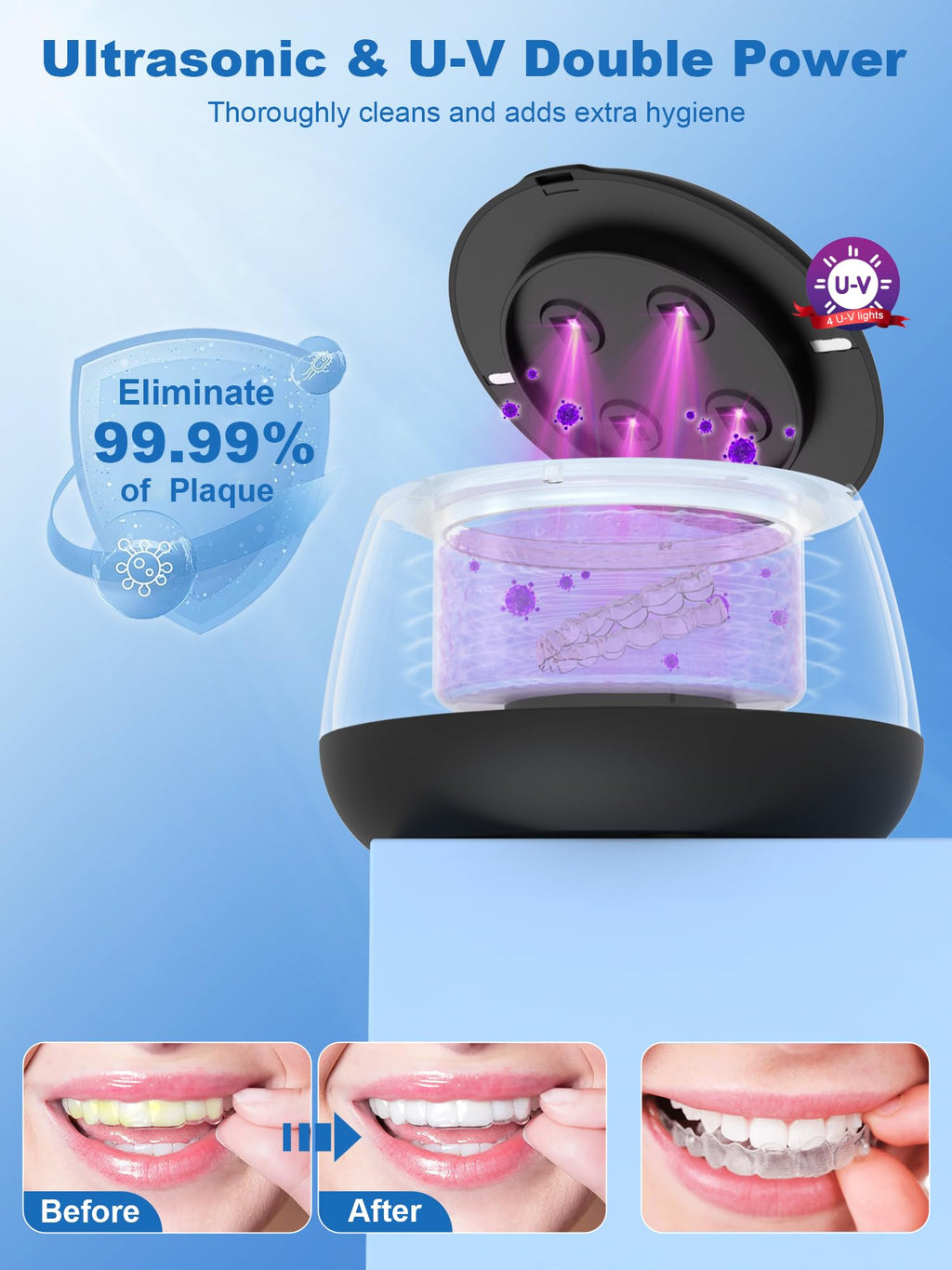 KUNPHY Dental Cleaner | Ultrasonic Retainer Cleaner 48kHz | UV + Tablet | Black