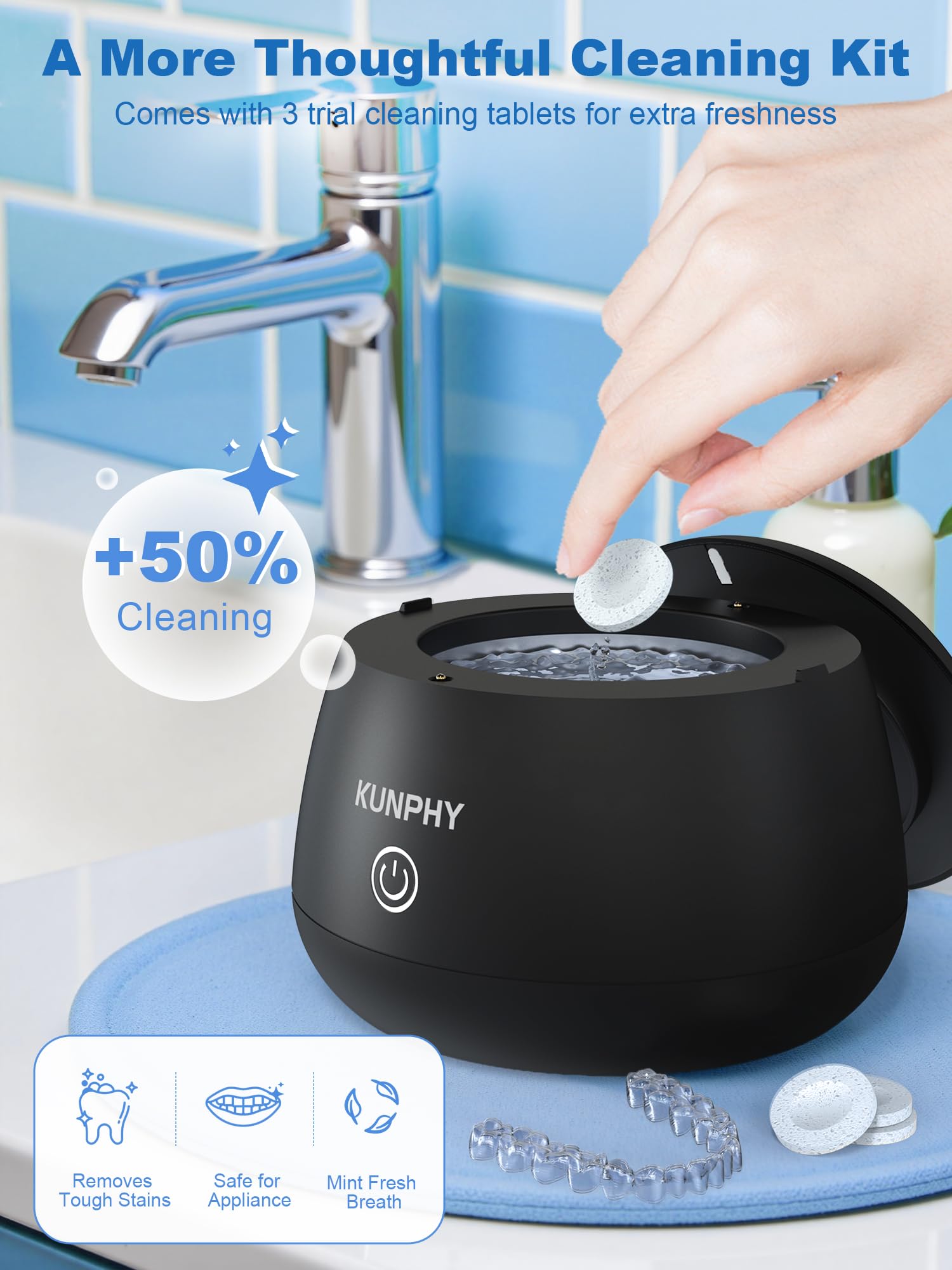 KUNPHY Dental Cleaner | Ultrasonic Retainer Cleaner 48kHz | UV + Tablet | Black