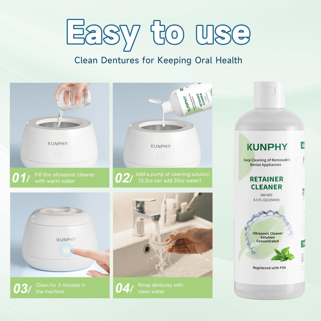 KUNPHY Ultrasonic Retainer Cleaner 8oz Mint – Professional Cleaning for Retainers, Dentures & Aligners