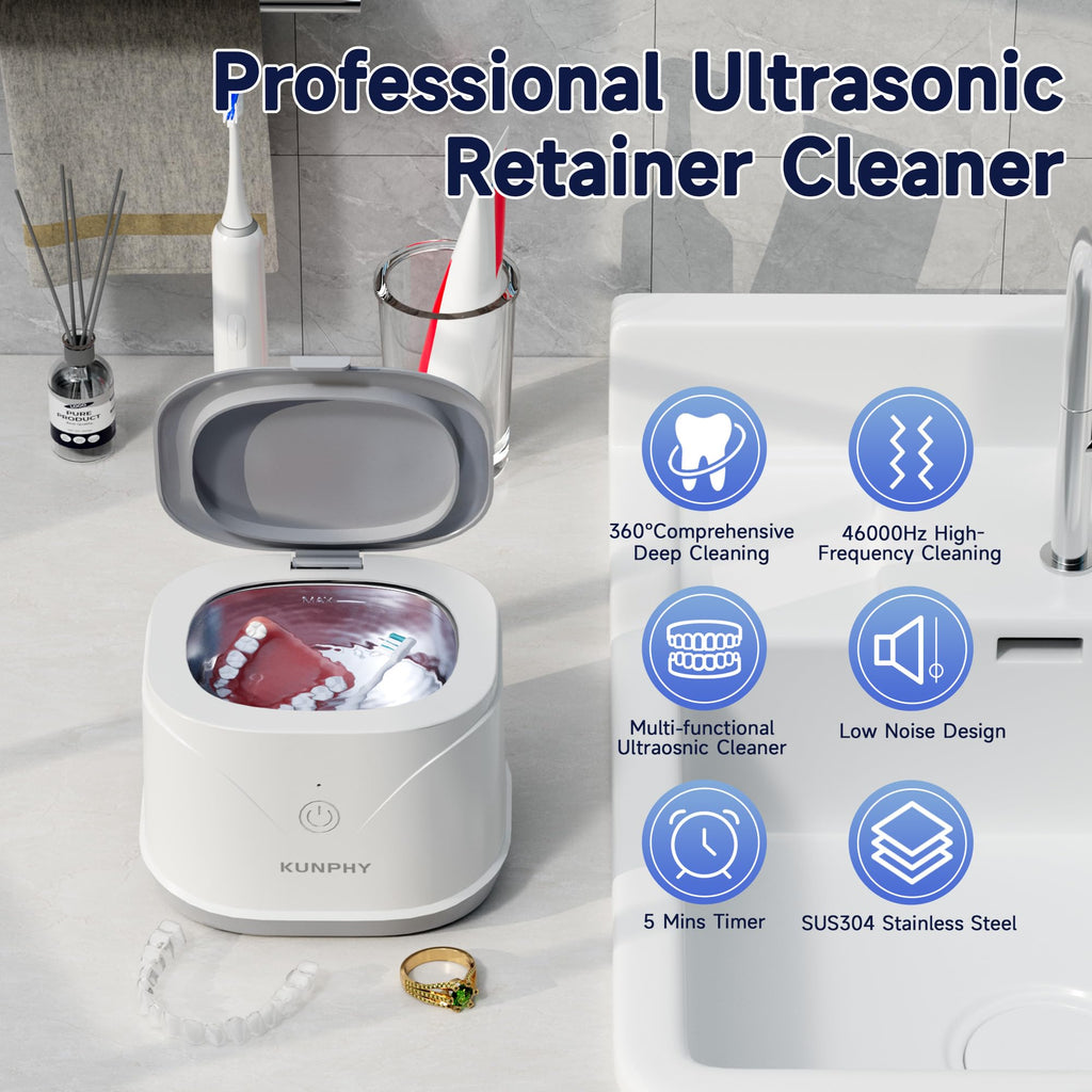 KUNPHY 46kHz Ultrasonic Retainer Cleaner – 7.5 oz for Dentures, Braces & Aligners (White)