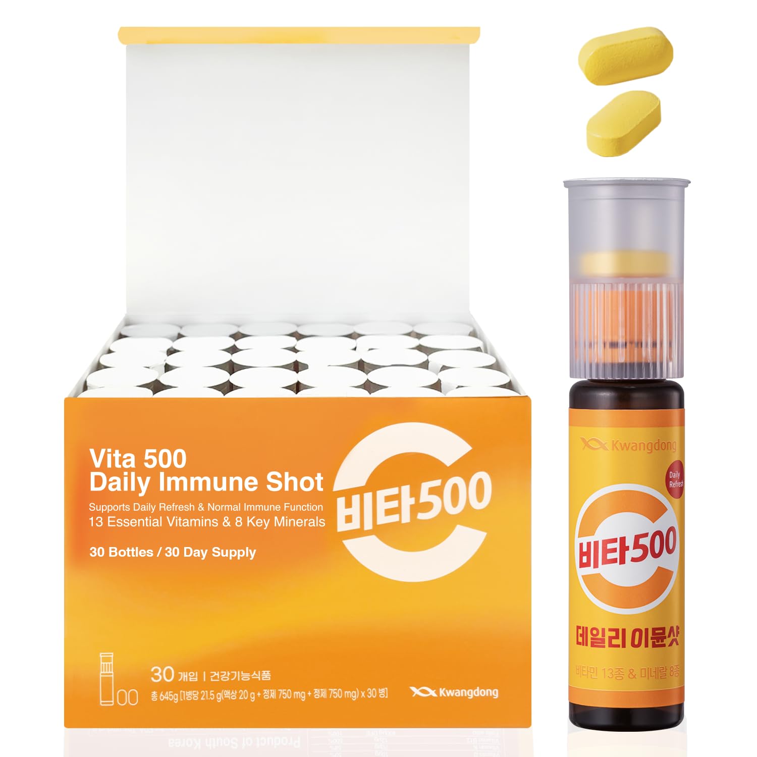 KWANGDONG Vita500 Daily Immune Shot – 7-Day Immune Support with 13 Vitamins & 8 Minerals | All-in-One Peach-Flavored Nutrition