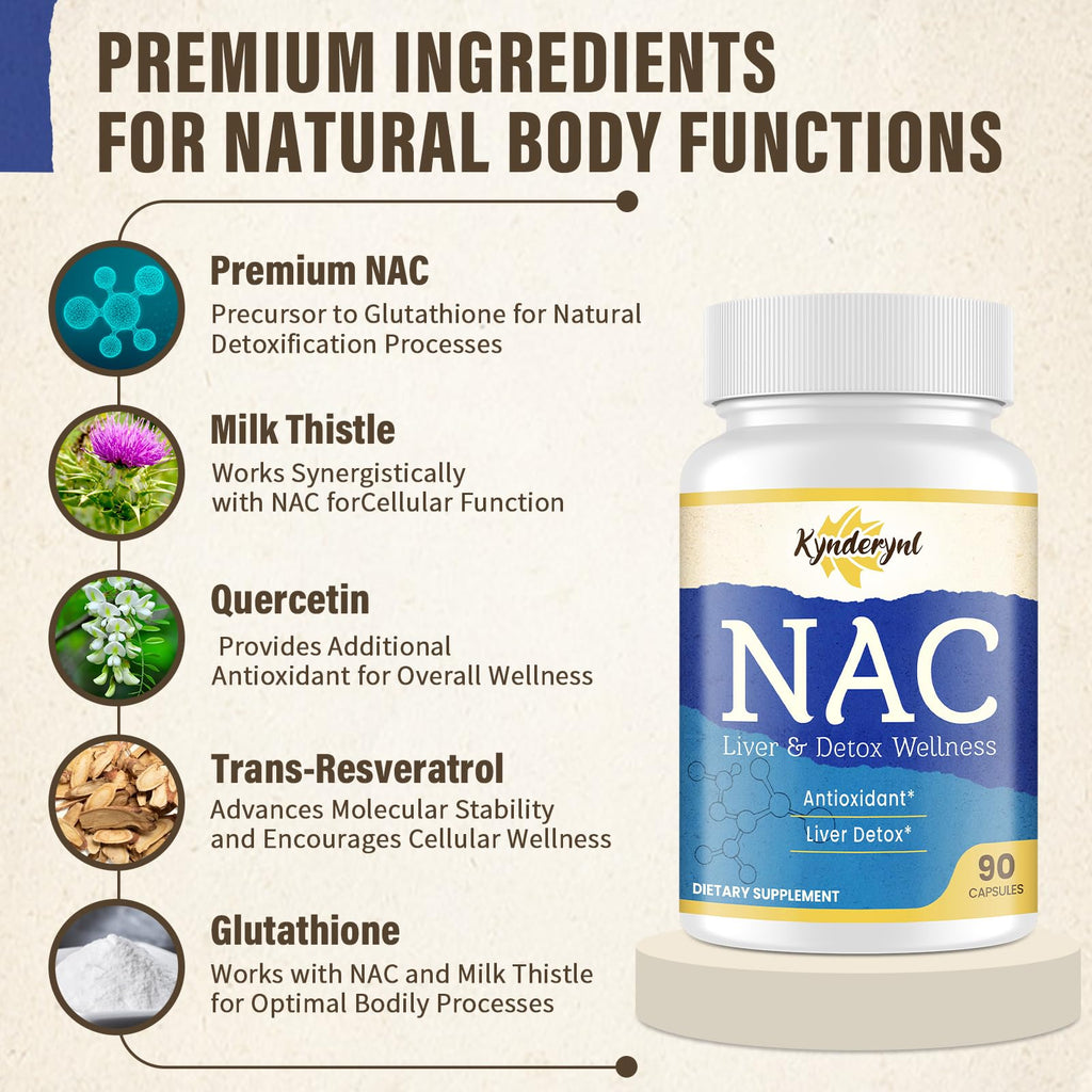 Kynderynl NAC Supplement 1000mg - High Dose NAC + Milk Thistle, Quercetin, Resveratrol, Glutathione - 90 Vegan Capsules