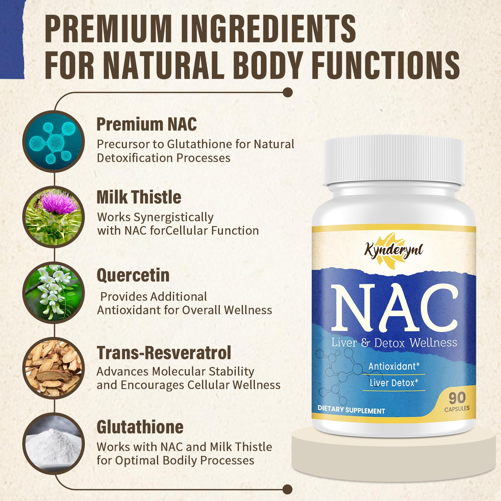Kynderynl NAC Supplement 1000mg - High Dose NAC + Milk Thistle, Quercetin, Resveratrol, Glutathione - 90 Vegan Capsules