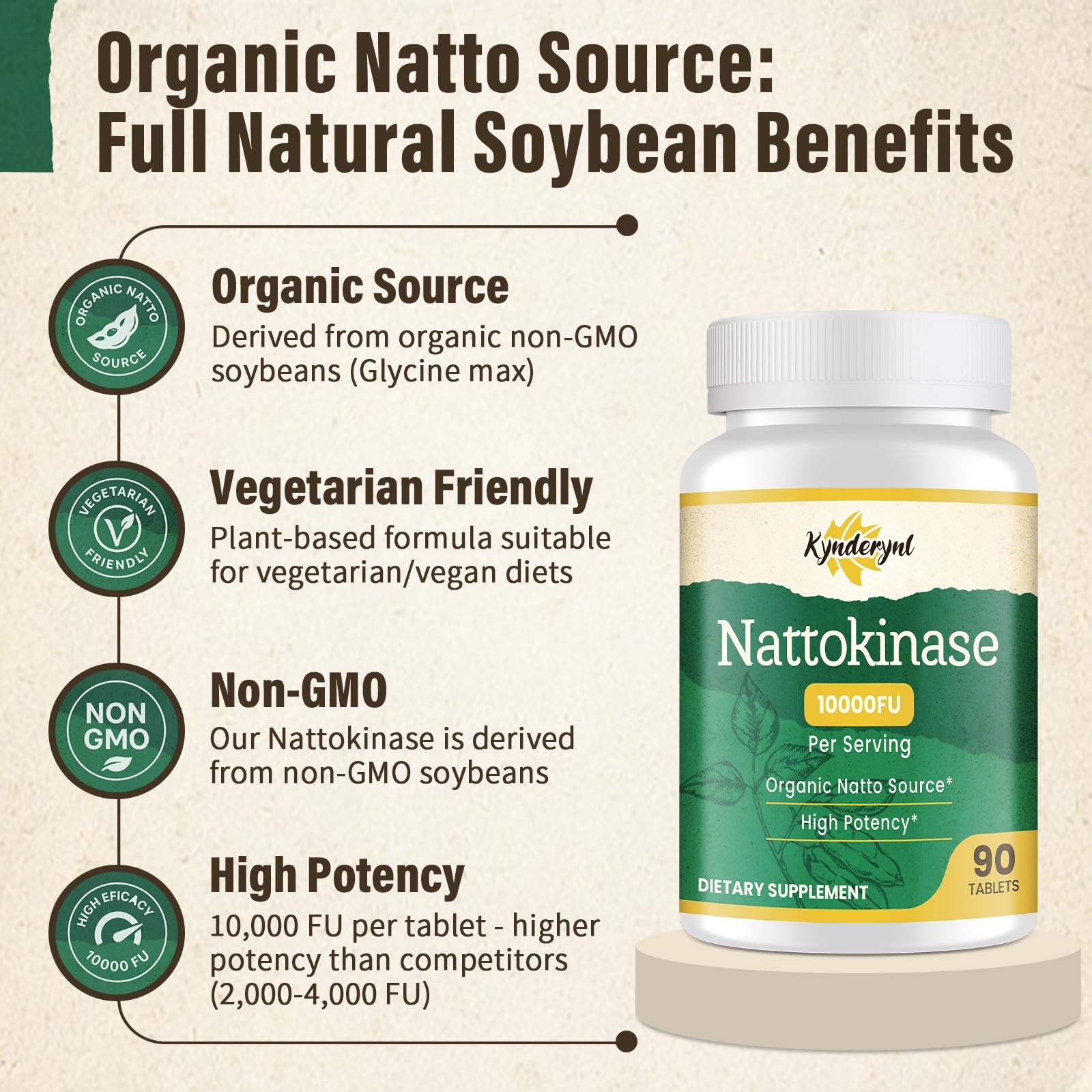 Kynderynl Nattokinase 10000FU – Organic Natto Enzyme 500mg, Enteric-Coated, Vegan