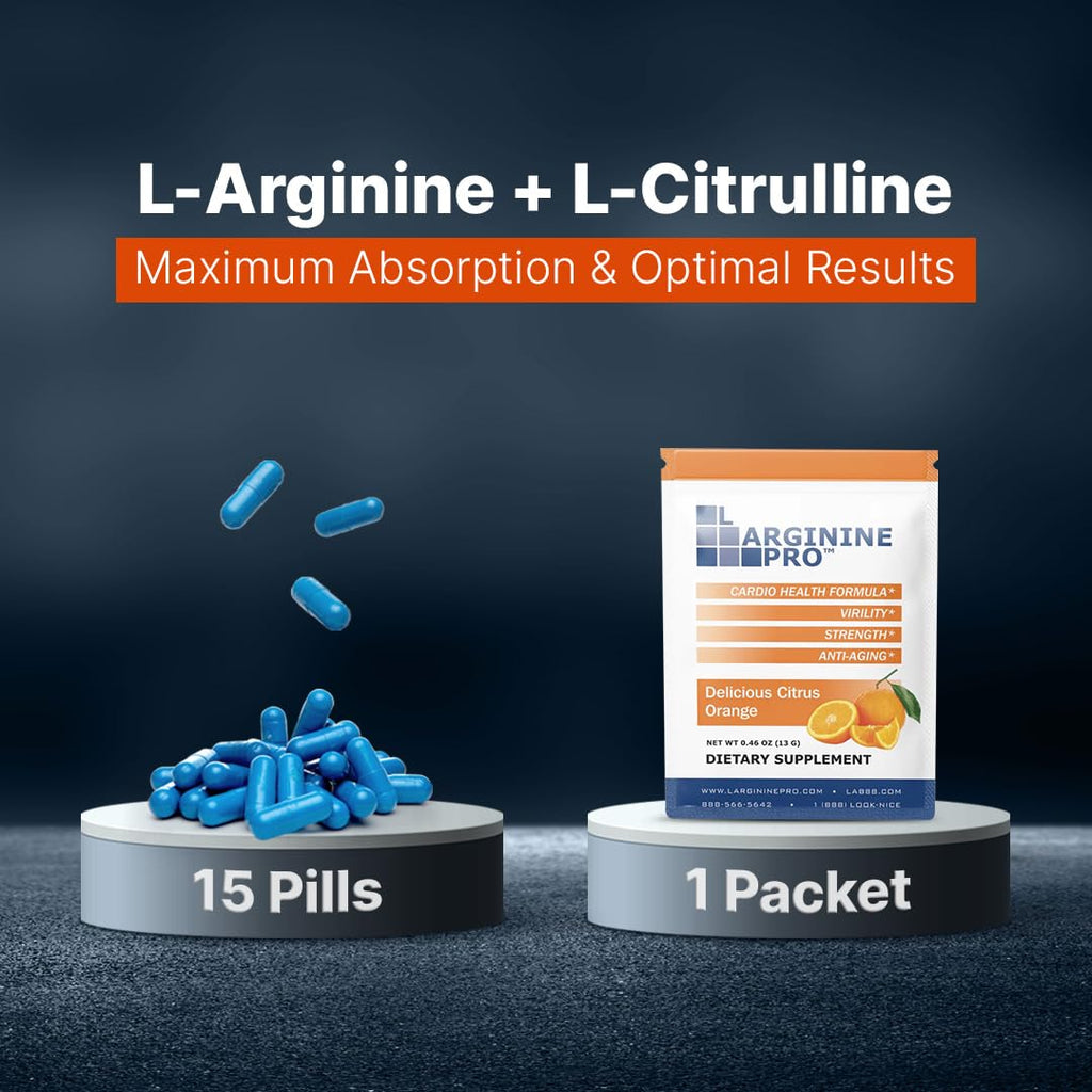 L-ARGININE PRO Supplement Powder | 30 Travel Packets | 5,500mg L-Arginine + 1,100mg L-Citrulline | Orange