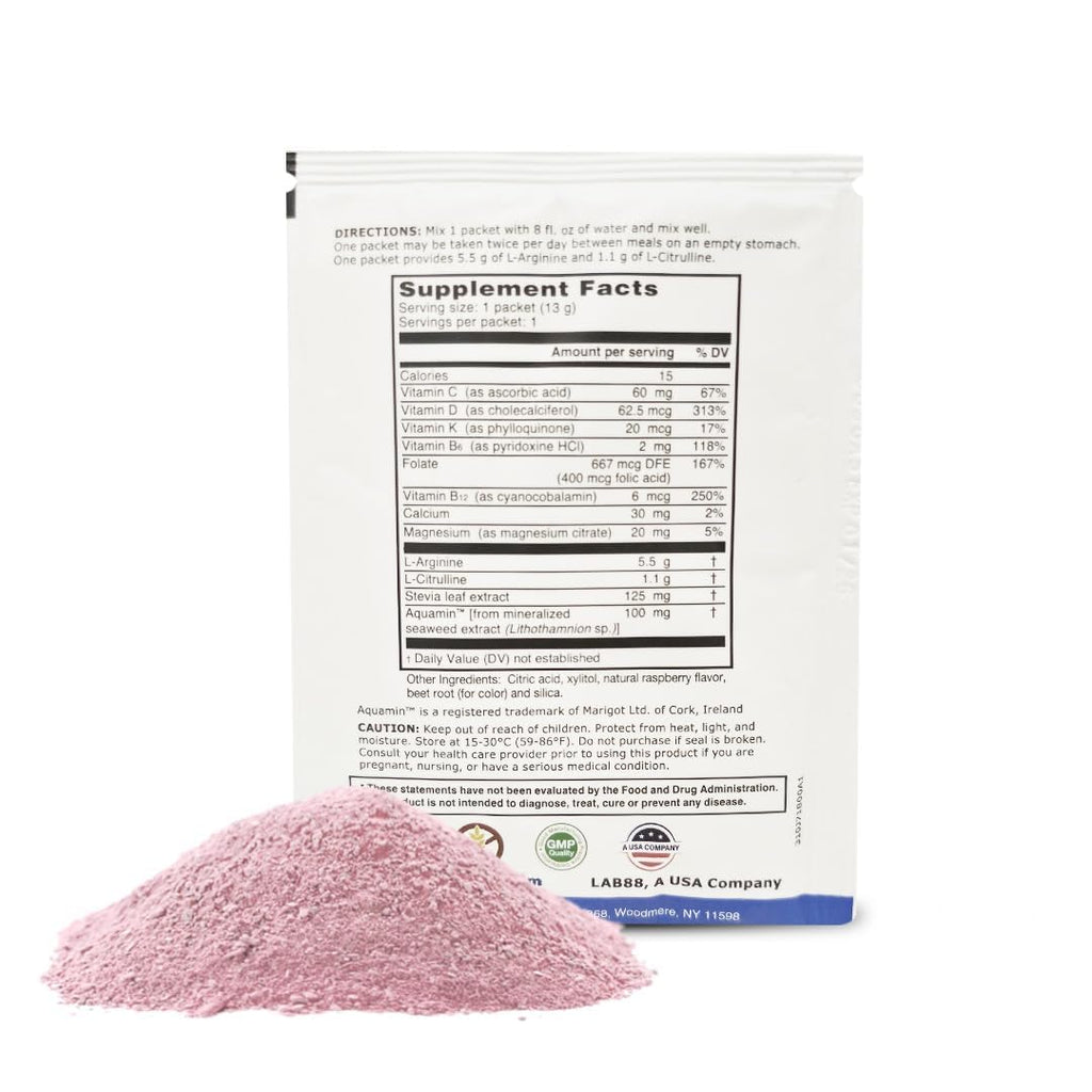 L-ARGININE PRO Supplement Powder | 60 Packets | Raspberry Flavor | 5,500mg L-Arginine + 1,100mg L-Citrulline