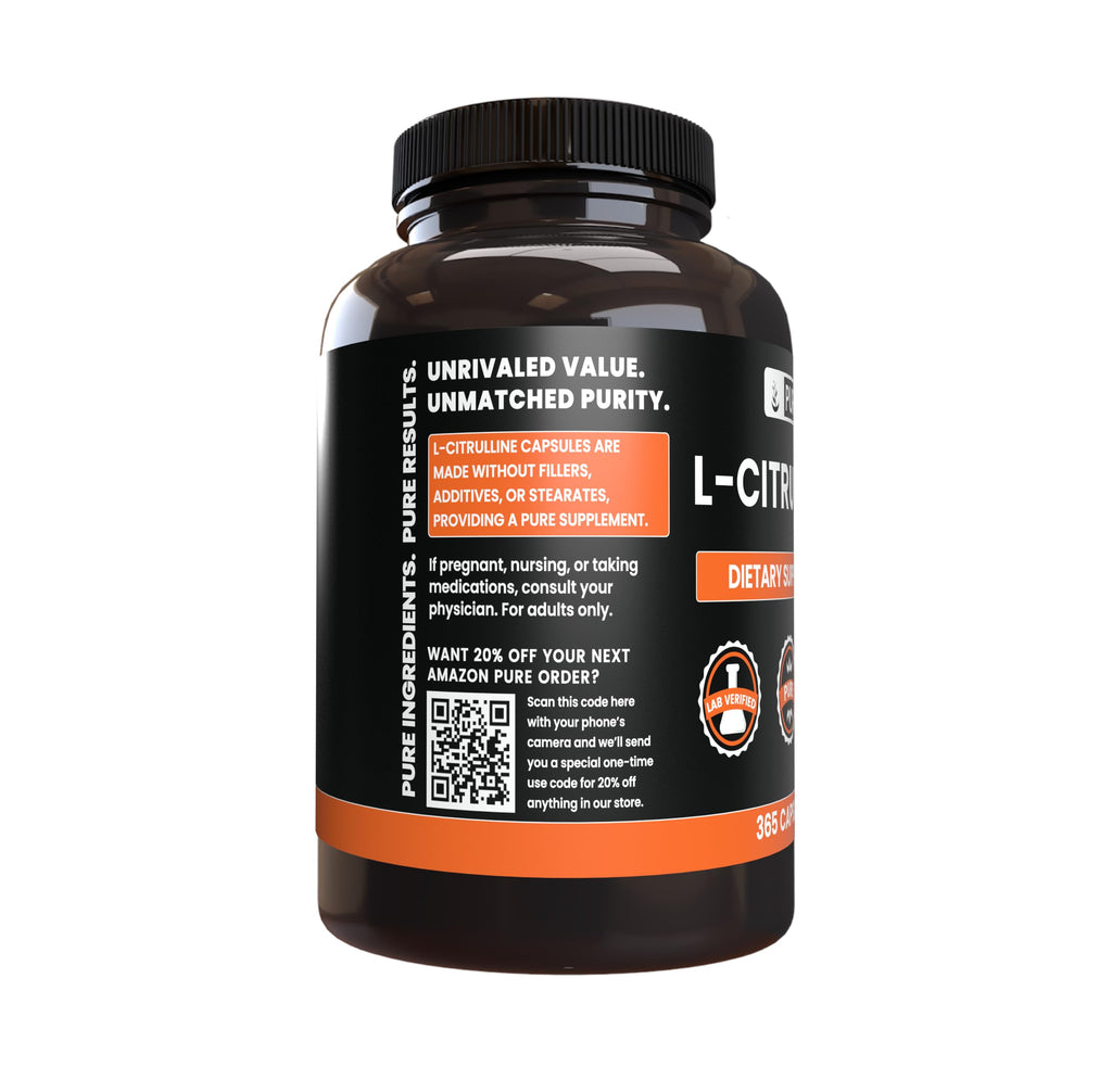 Pure Original L-Citrulline (365 Capsules) – No Magnesium or Rice Fillers, Always Pure, Lab Verified