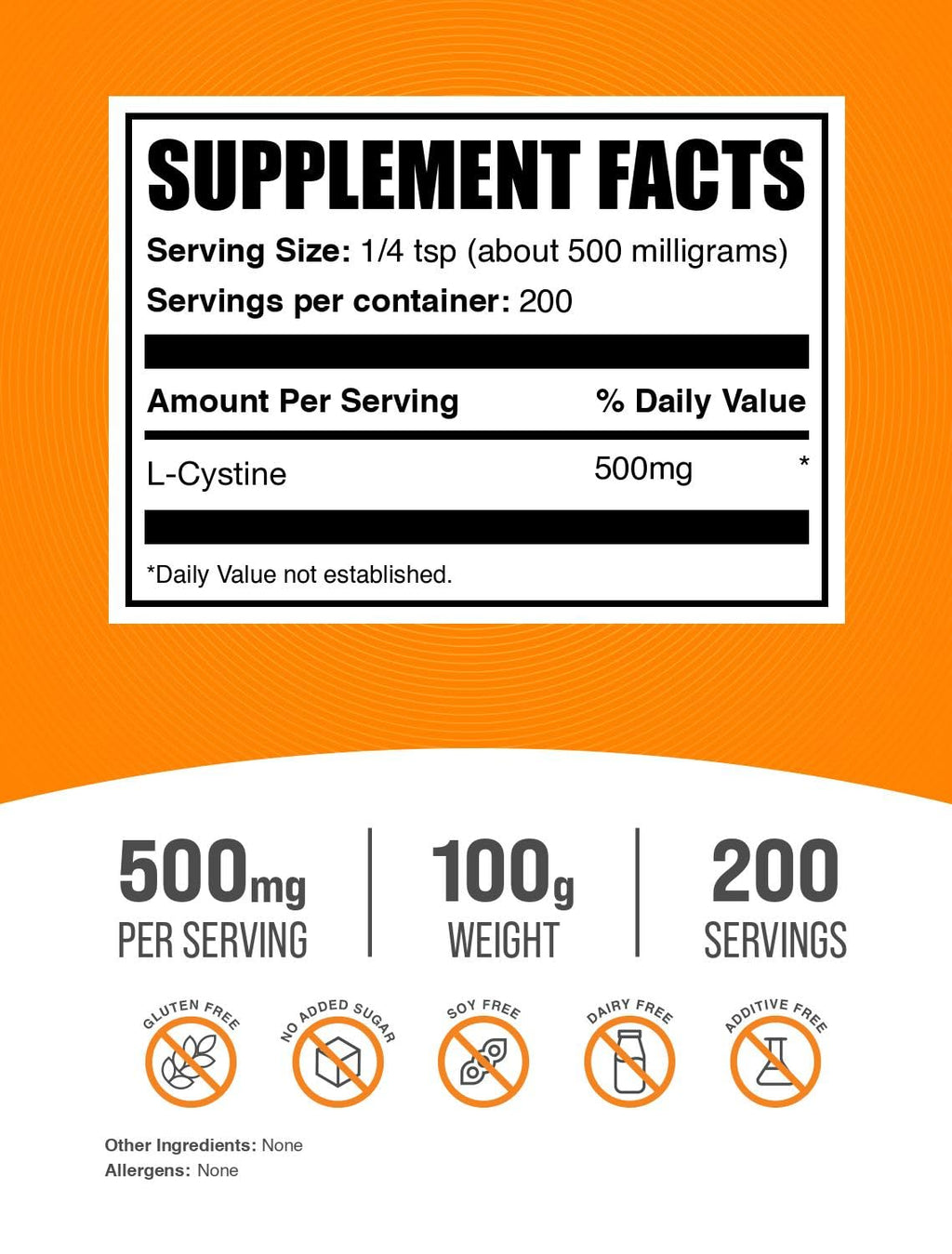 BulkSupplements L-Cystine Powder 500mg — Gluten Free, 100g (Pack of 1)