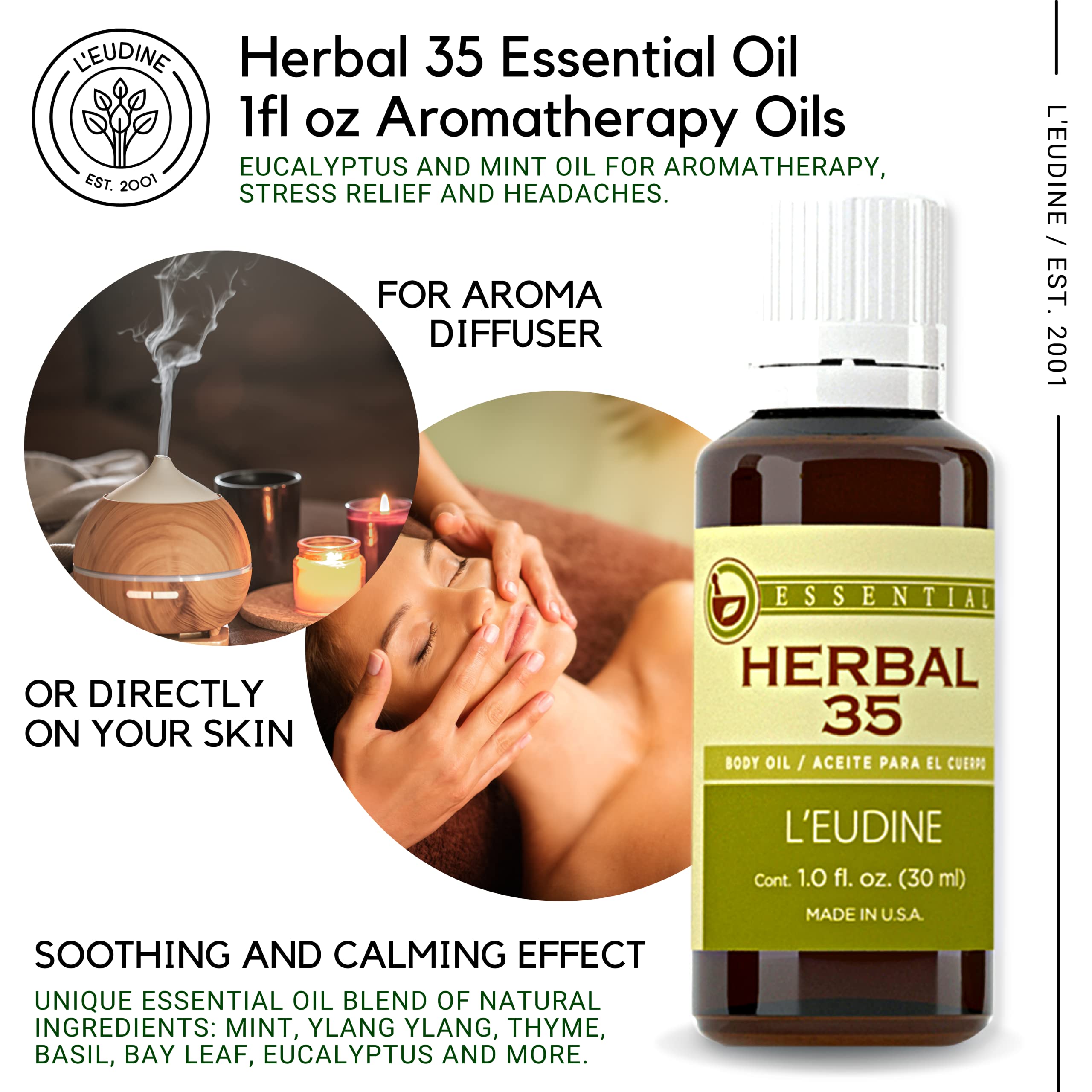 L’EUDINE Herbal 35 Essential Oil Diffuser & Skin – Aromatherapy, 1 Fl Oz
