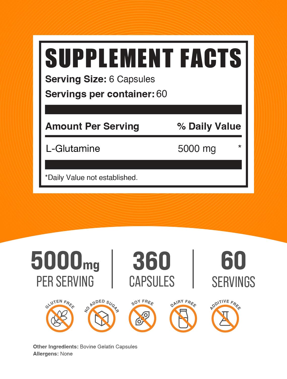 BulkSupplements L-Glutamine Capsules 5000mg – 360 Count, Gluten Free
