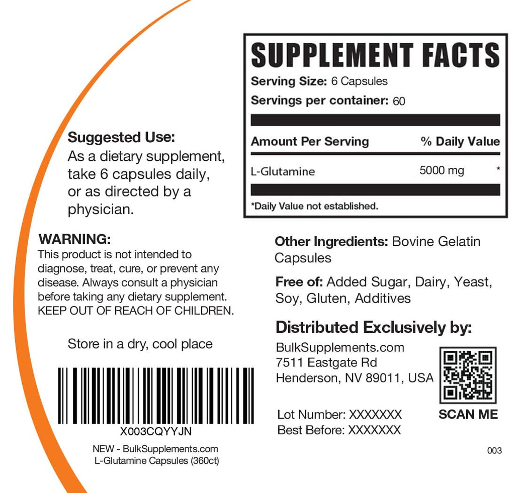 BulkSupplements L-Glutamine Capsules 5000mg – 360 Count, Gluten Free