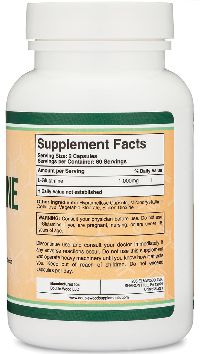 L Glutamine Capsules 1000mg – Pack of 2 (120 Caps) | Non-GMO, Gluten Free, Keto, Vegan | Double Wood