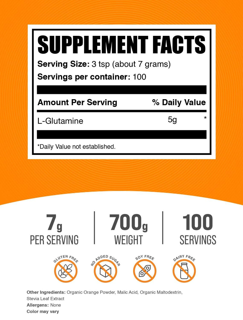 BulkSupplements L-Glutamine Powder Orange Smash – 7g Serving, 700g (1.5 lb)