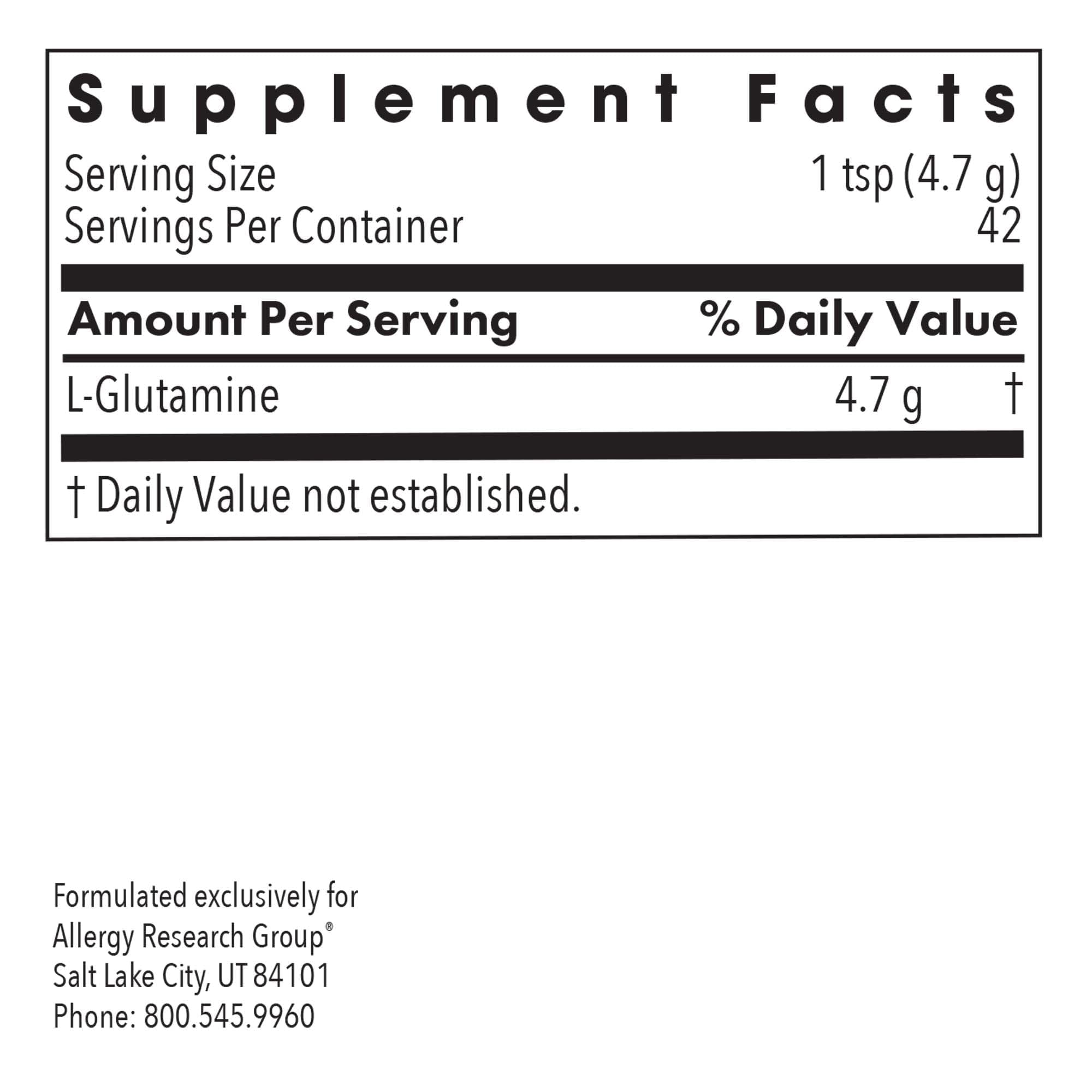 L-Glutamine Powder – Gut Health | Allergy Research Group, Free-Form Amino Acid, 4.7 g, 7.1 oz